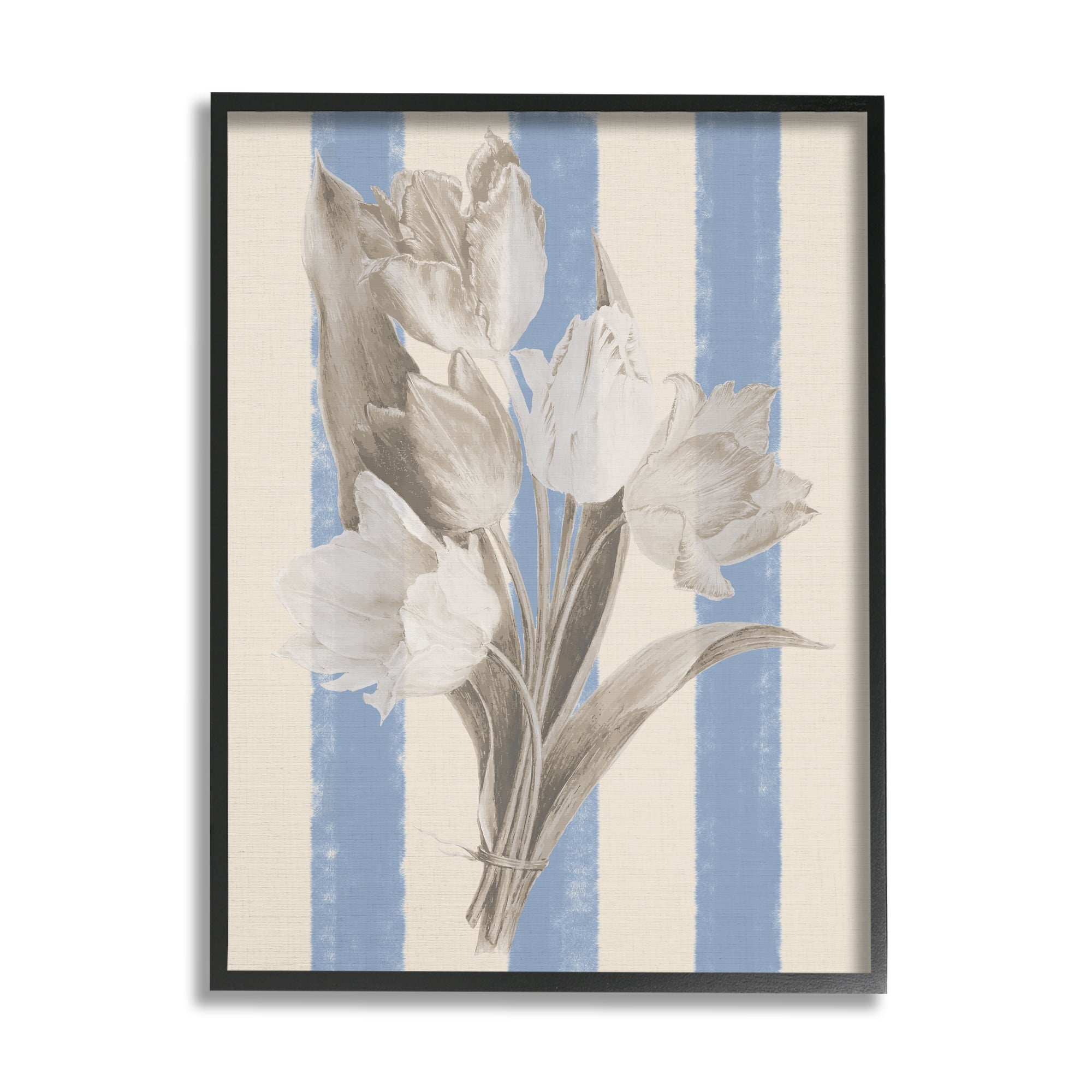 Stupell Industries Tulip Bundle on Stripes Botanical & Floral Painting Black Framed Art Print Wall Art, 24 x 30