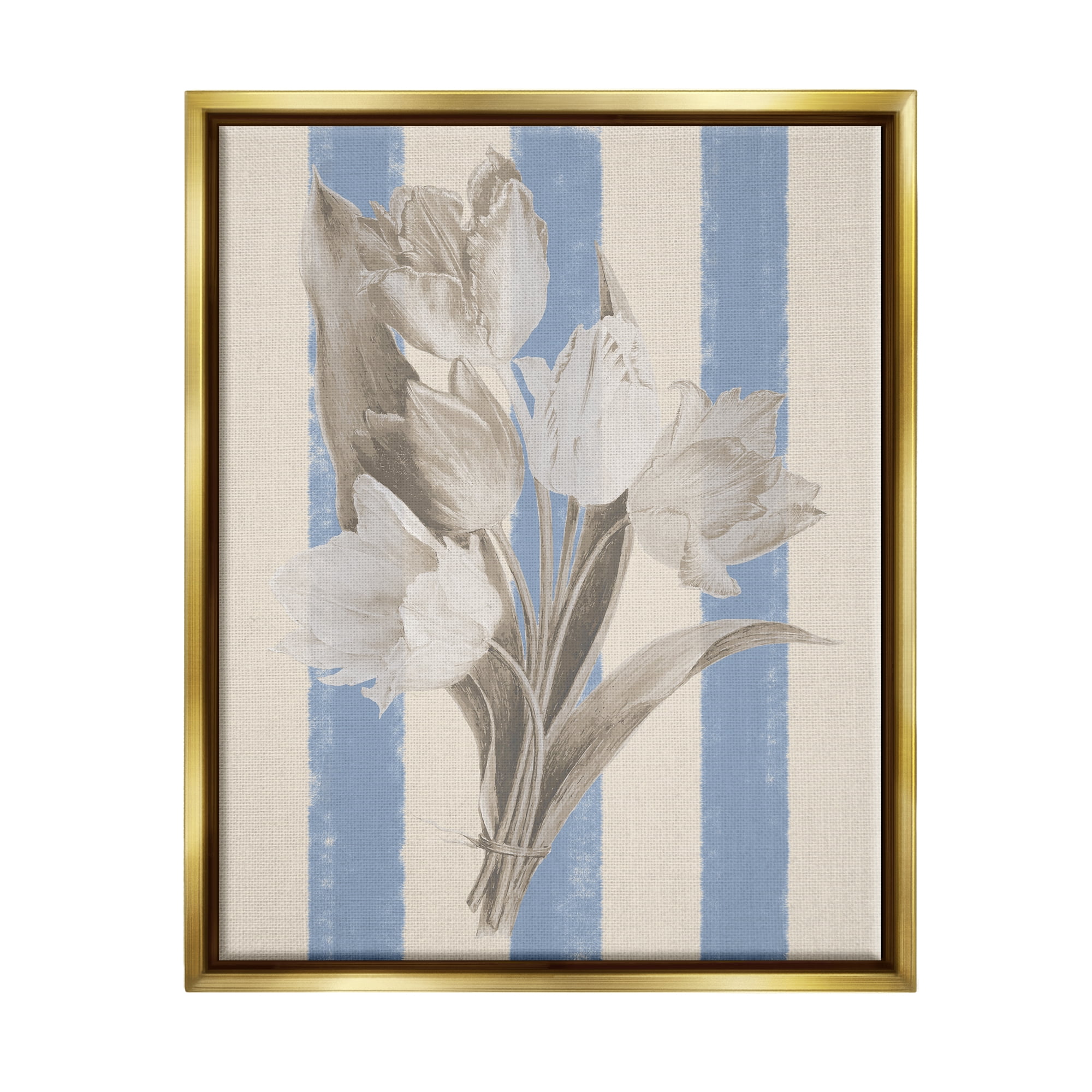 Stupell Industries Tulip Bundle on Stripes Botanical & Floral Painting Gold Floater Framed Canvas Art Print Wall Art, 17 x 21