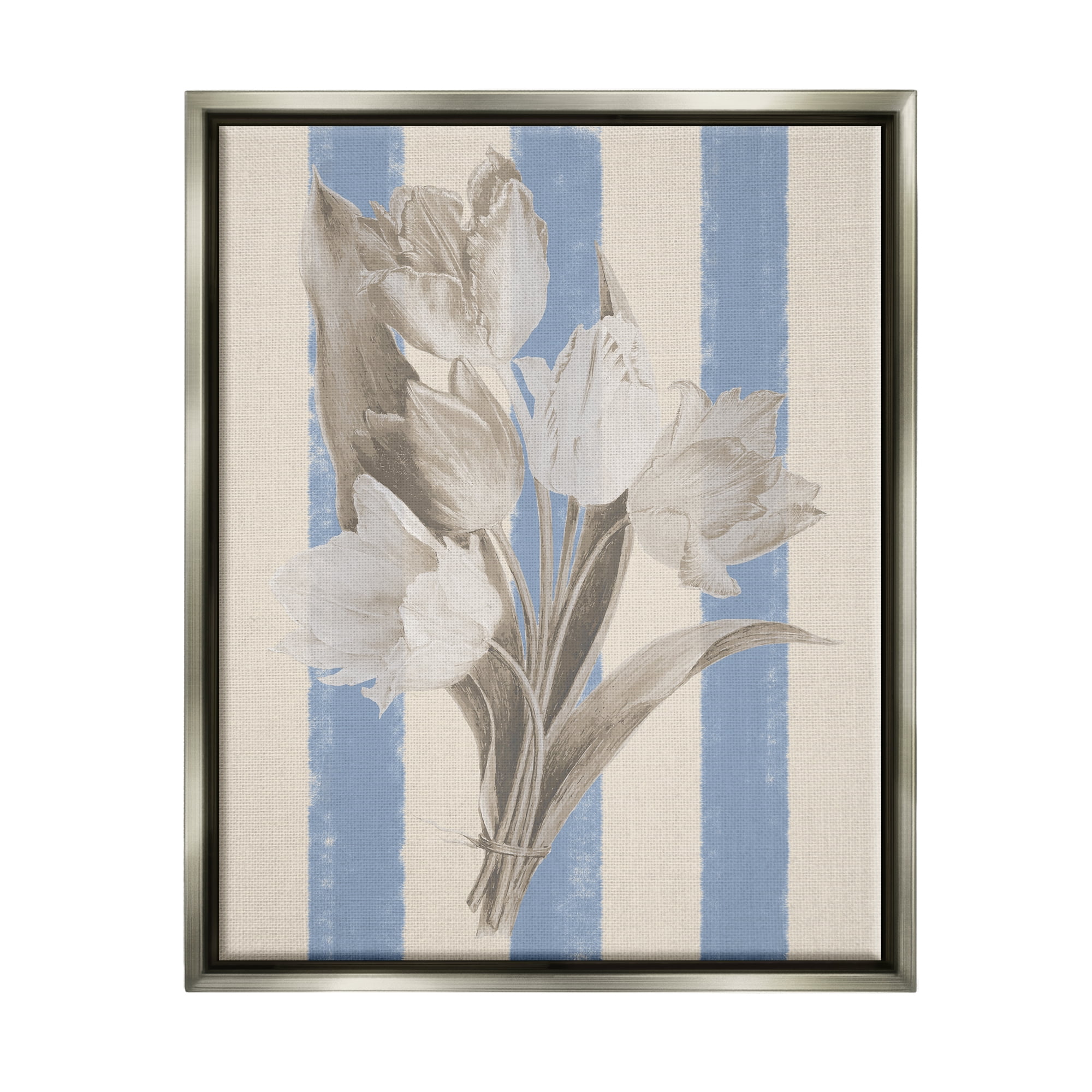 Stupell Industries Tulip Bundle on Stripes Botanical & Floral Painting Gray Floater Framed Canvas Art Print Wall Art, 25 x 31