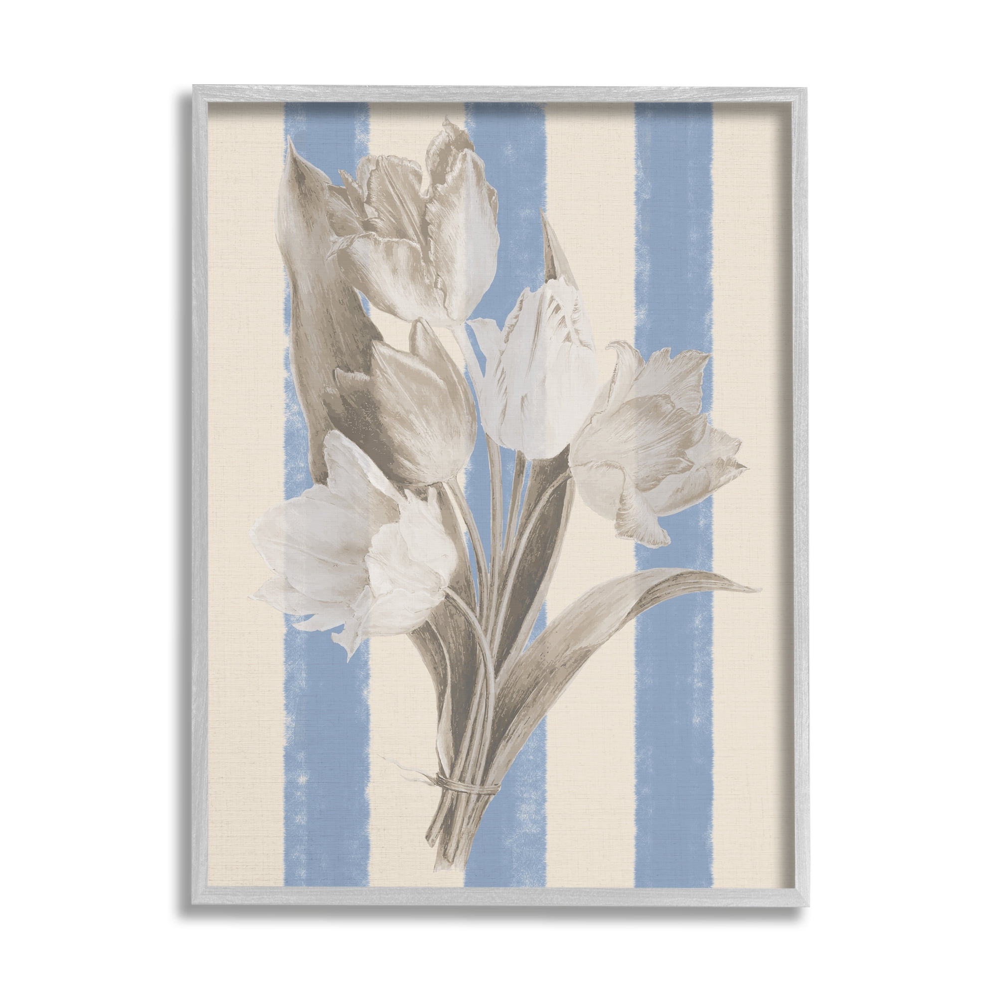 Stupell Industries Tulip Bundle on Stripes Botanical & Floral Painting Gray Framed Art Print Wall Art, 16 x 20