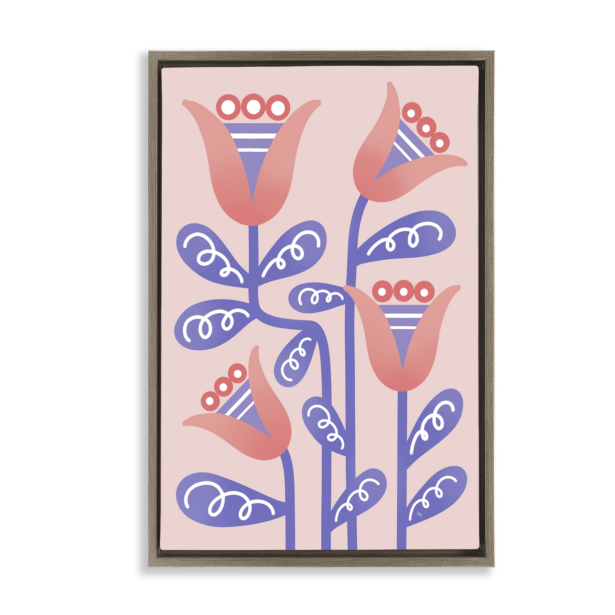 Stupell Industries Tulip Flowers Pink Deco Floral & Botanical Painting Brown Floater Framed Canvas Art Print Wall Art, 21 x 31