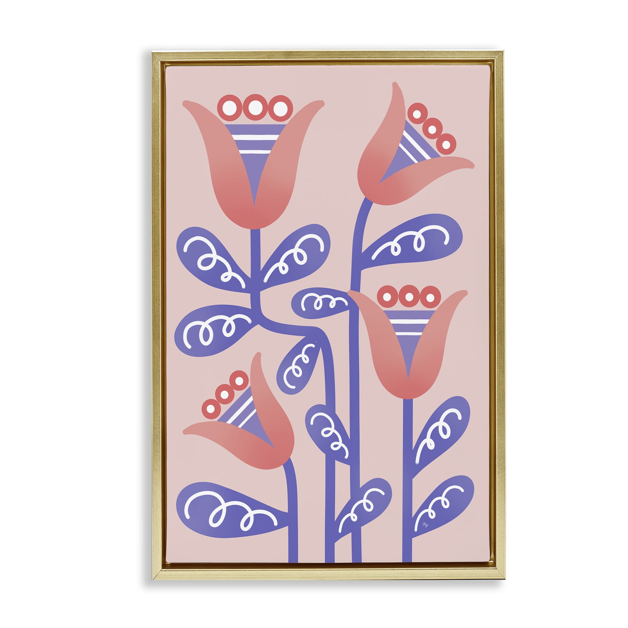 Stupell Industries Tulip Flowers Pink Deco Floral & Botanical Painting Gold Floater Framed Canvas Art Print Wall Art, 17 x 25