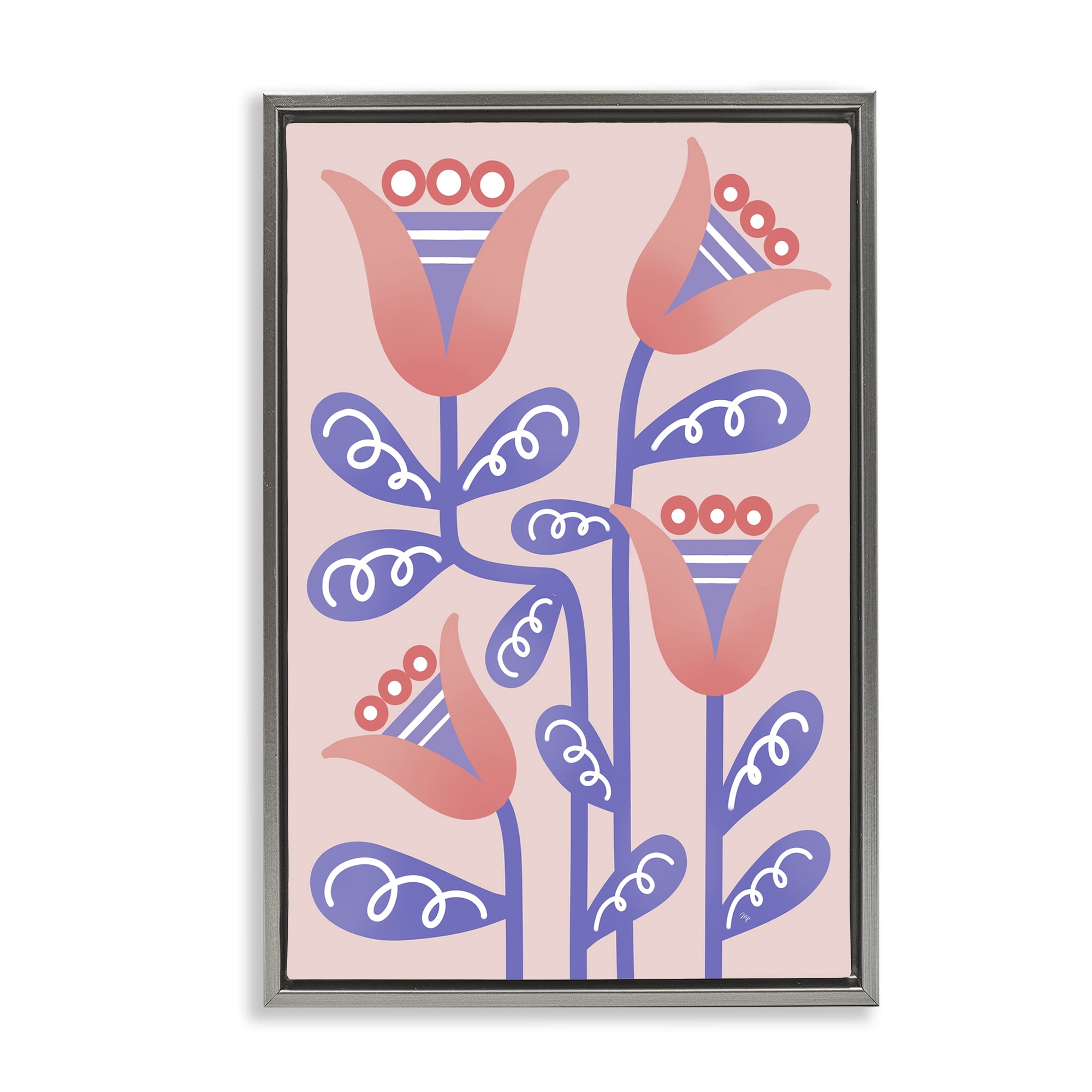 Stupell Industries Tulip Flowers Pink Deco Floral & Botanical Painting Gray Floater Framed Canvas Art Print Wall Art, 21 x 31