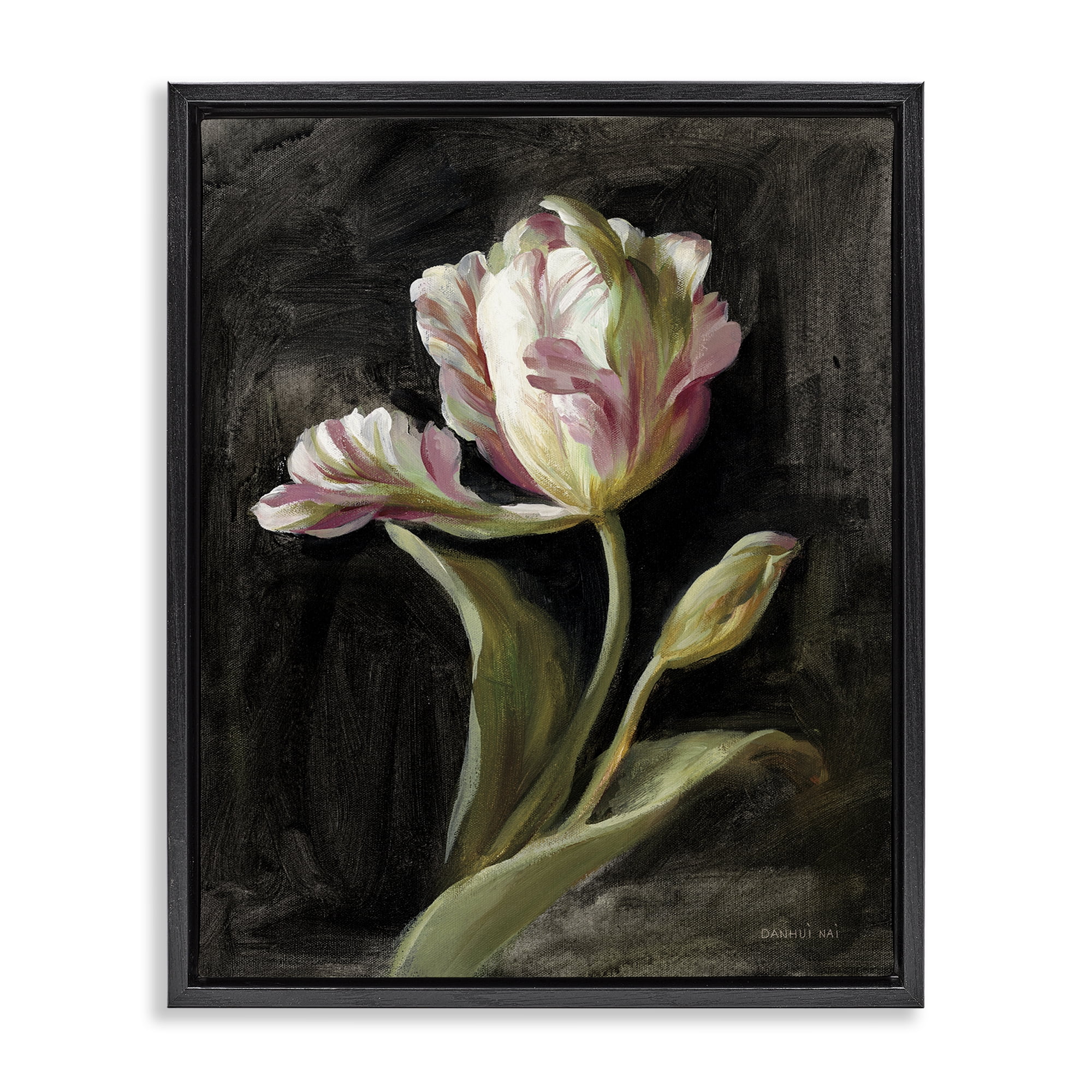 Stupell Industries Tulip on Black Plants & Flowers Painting Black Floater Framed Canvas Art Print Wall Art, 17 x 21