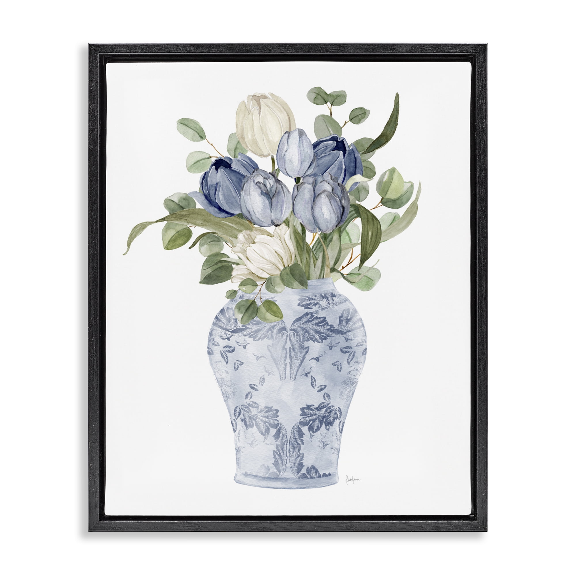 Stupell Industries Tulips & Leaves Vase Black Framed Floater Canvas Wall Art, design by Livi Finn