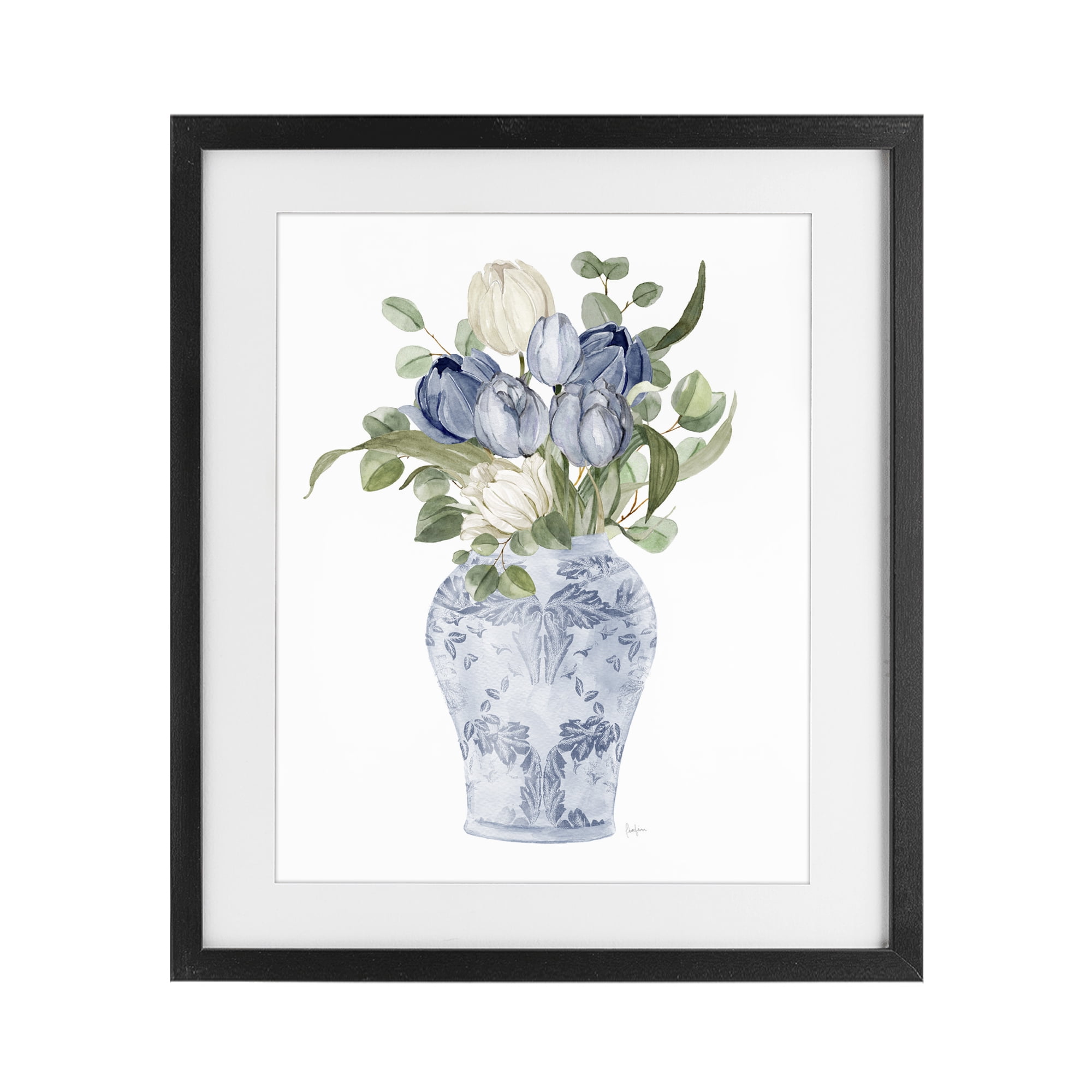 Stupell Industries Tulips & Leaves Vase Black Framed Print Under Glass, design by Livi Finn