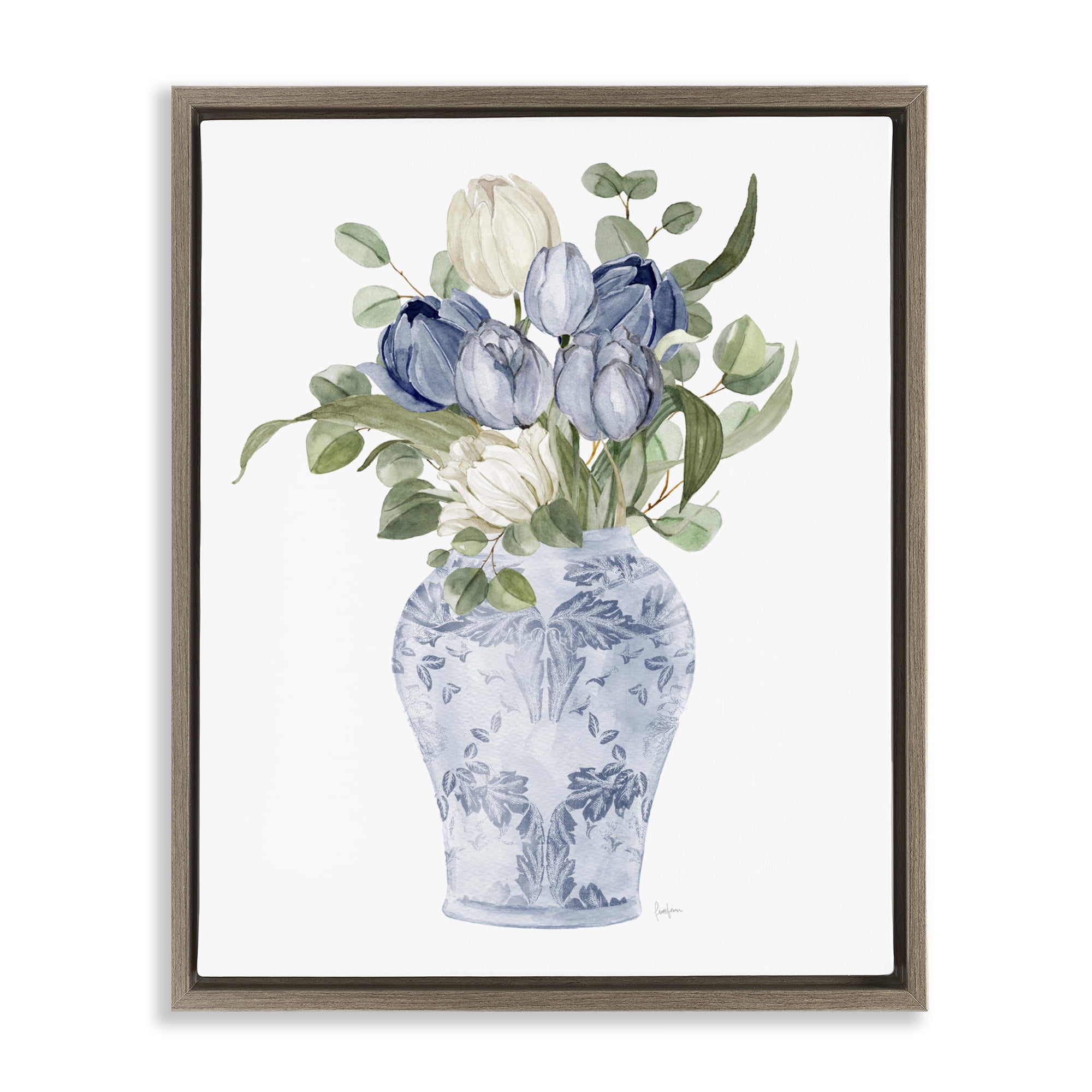 Stupell Industries Tulips & Leaves Vase Brown Framed Floater Canvas Wall Art, design by Livi Finn