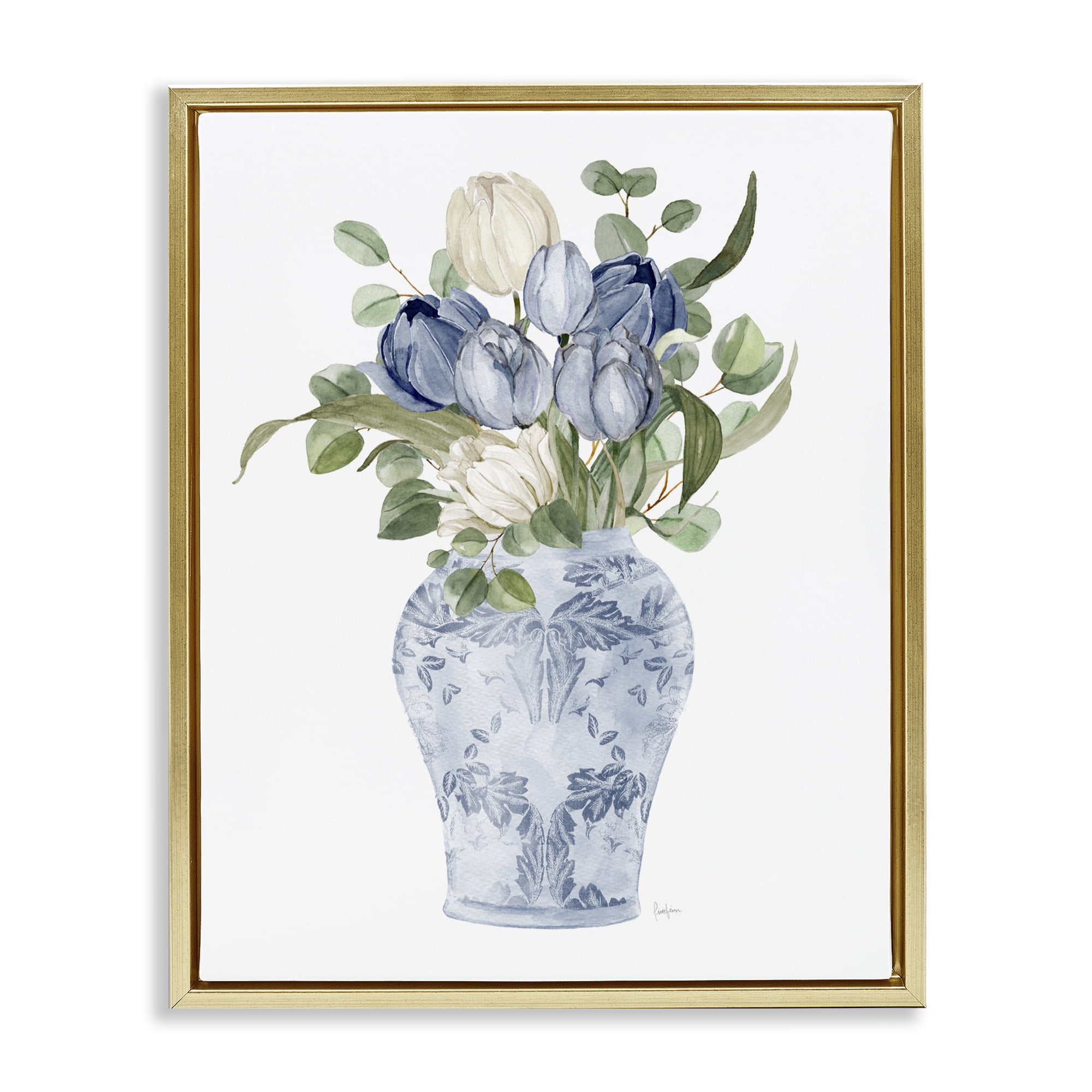 Stupell Industries Tulips & Leaves Vase Gold Framed Floater Canvas Wall Art, design by Livi Finn