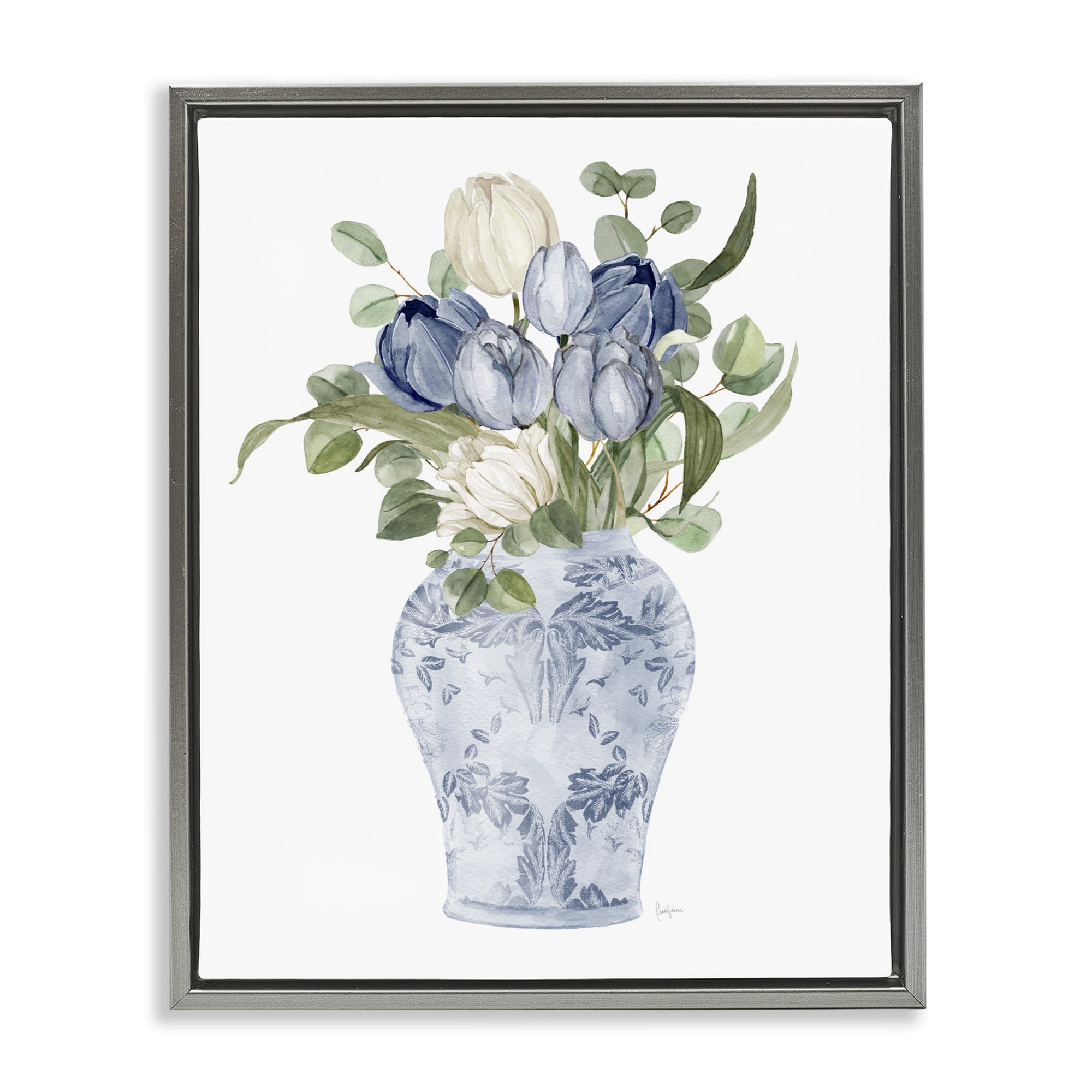 Stupell Industries Tulips & Leaves Vase Gray Framed Floater Canvas Wall Art, design by Livi Finn
