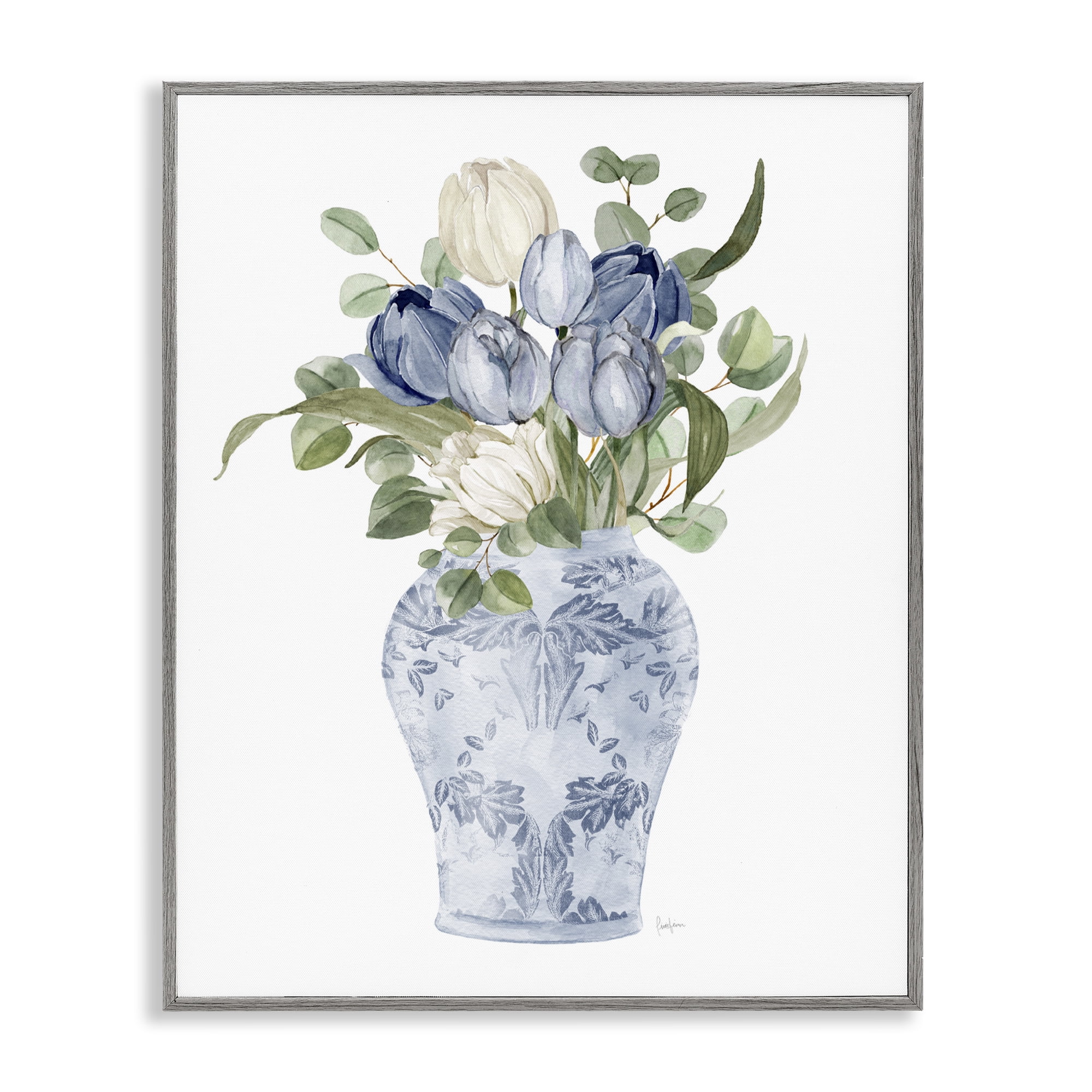 Stupell Industries Tulips & Leaves Vase Gray Framed Giclee Art, design by Livi Finn