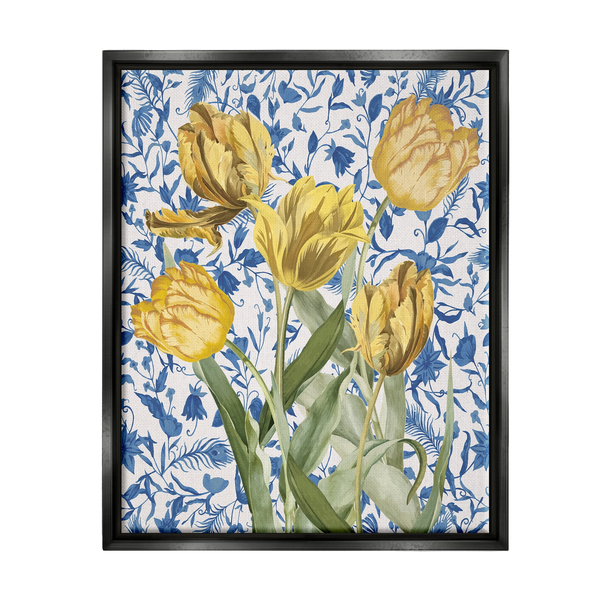 Stupell Industries Tulips on Blue Toile Botanical & Floral Painting Black Floater Framed Canvas Art Print Wall Art, 25 x 31