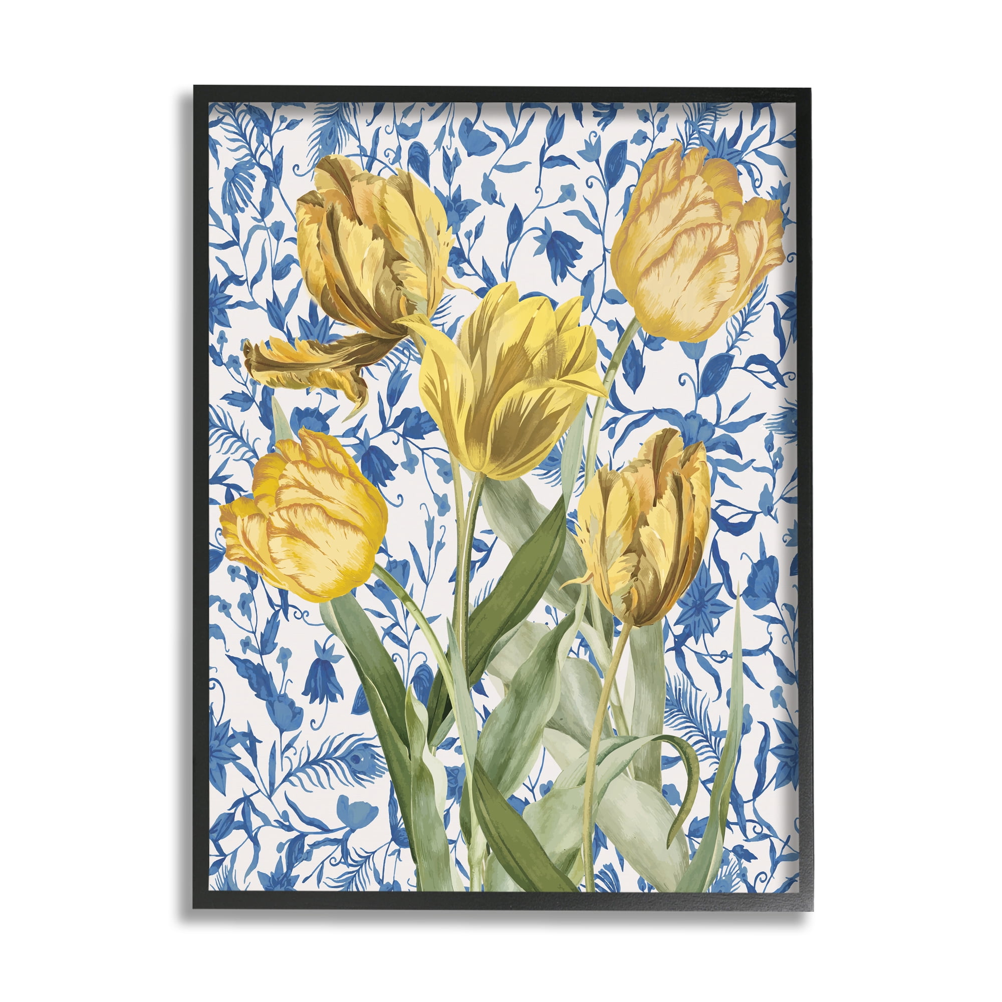 Stupell Industries Tulips on Blue Toile Botanical & Floral Painting Black Framed Art Print Wall Art, 11 x 14