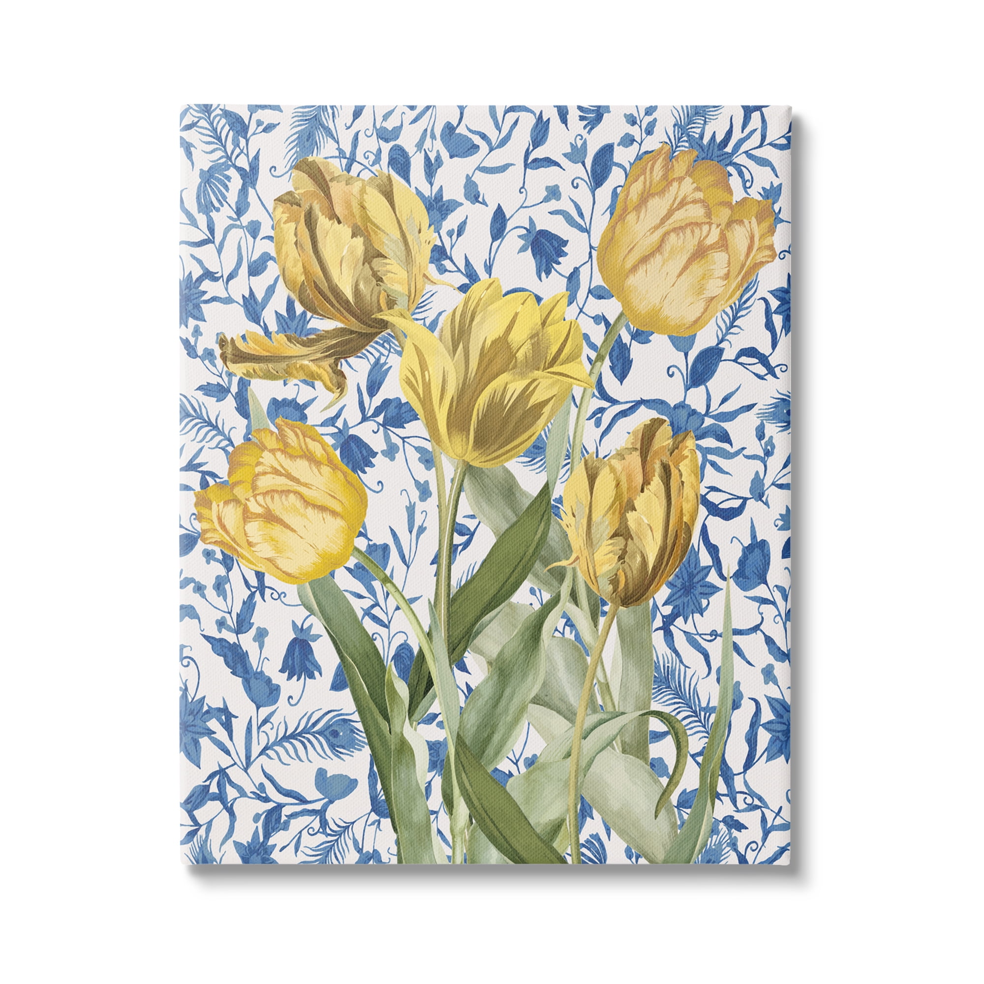 Stupell Industries Tulips on Blue Toile Botanical & Floral Painting Gallery Wrapped Canvas Art Print Wall Art, 16 x 20