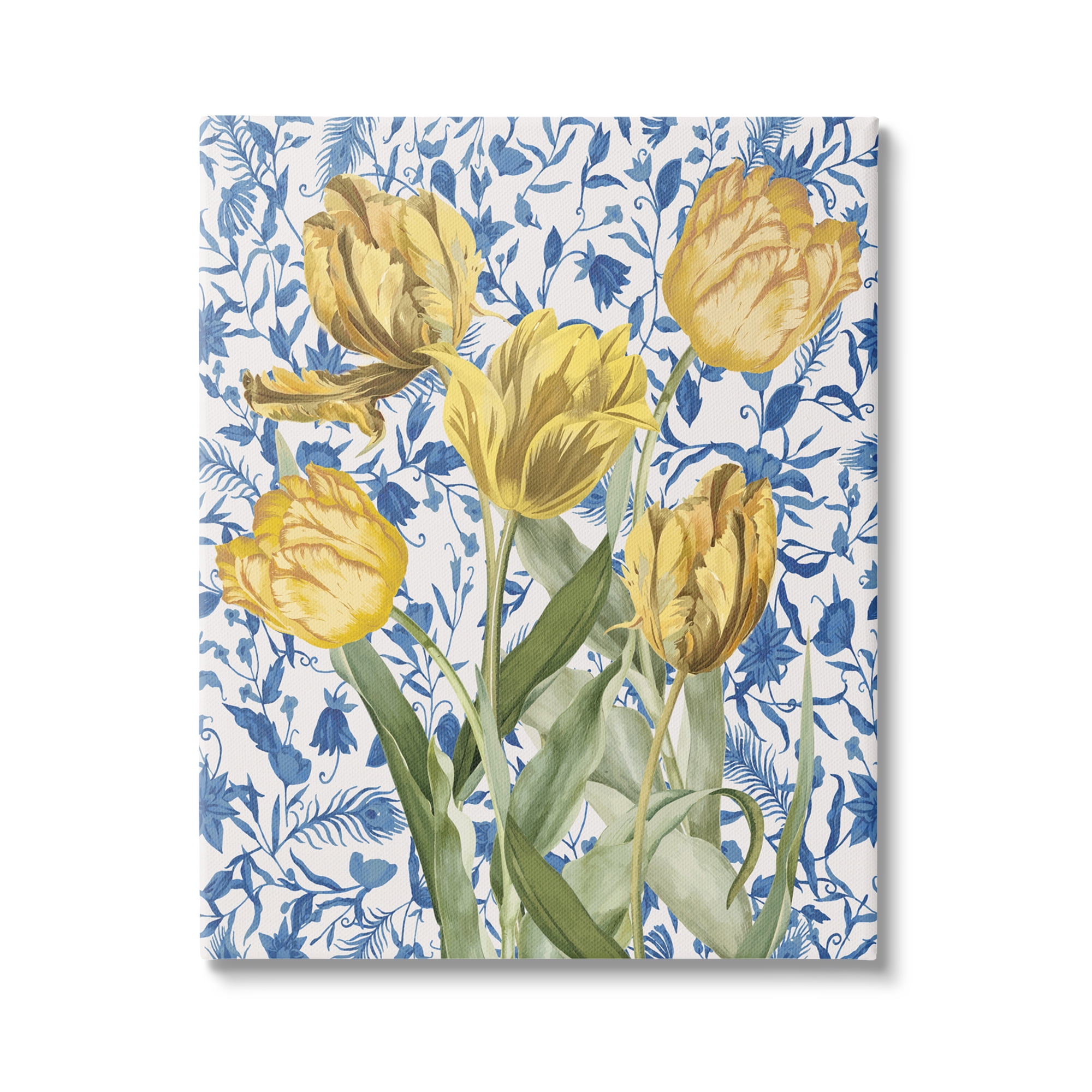 Stupell Industries Tulips on Blue Toile Botanical & Floral Painting Gallery Wrapped Canvas Art Print Wall Art, 36 x 48