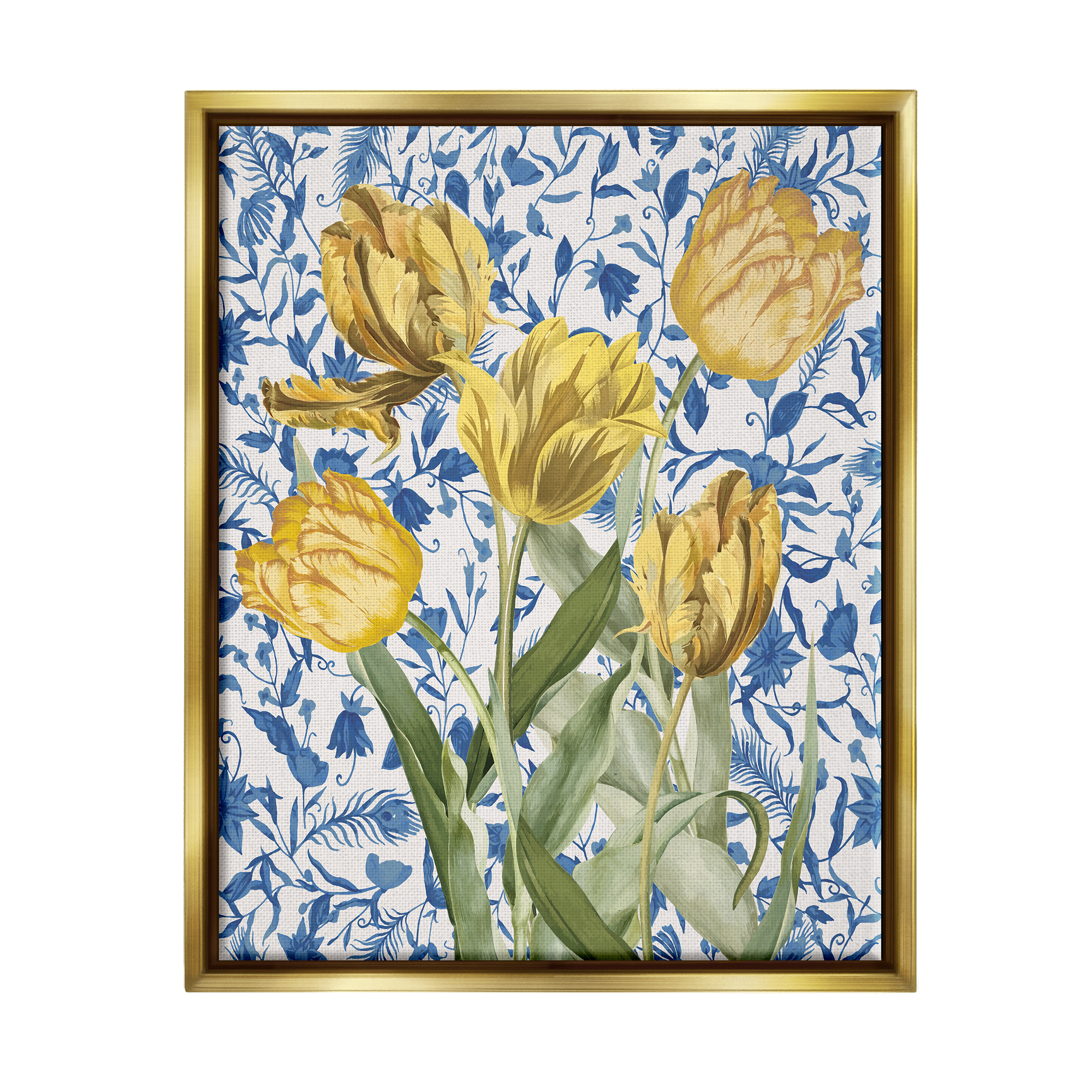 Stupell Industries Tulips on Blue Toile Botanical & Floral Painting Gold Floater Framed Canvas Art Print Wall Art, 17 x 21