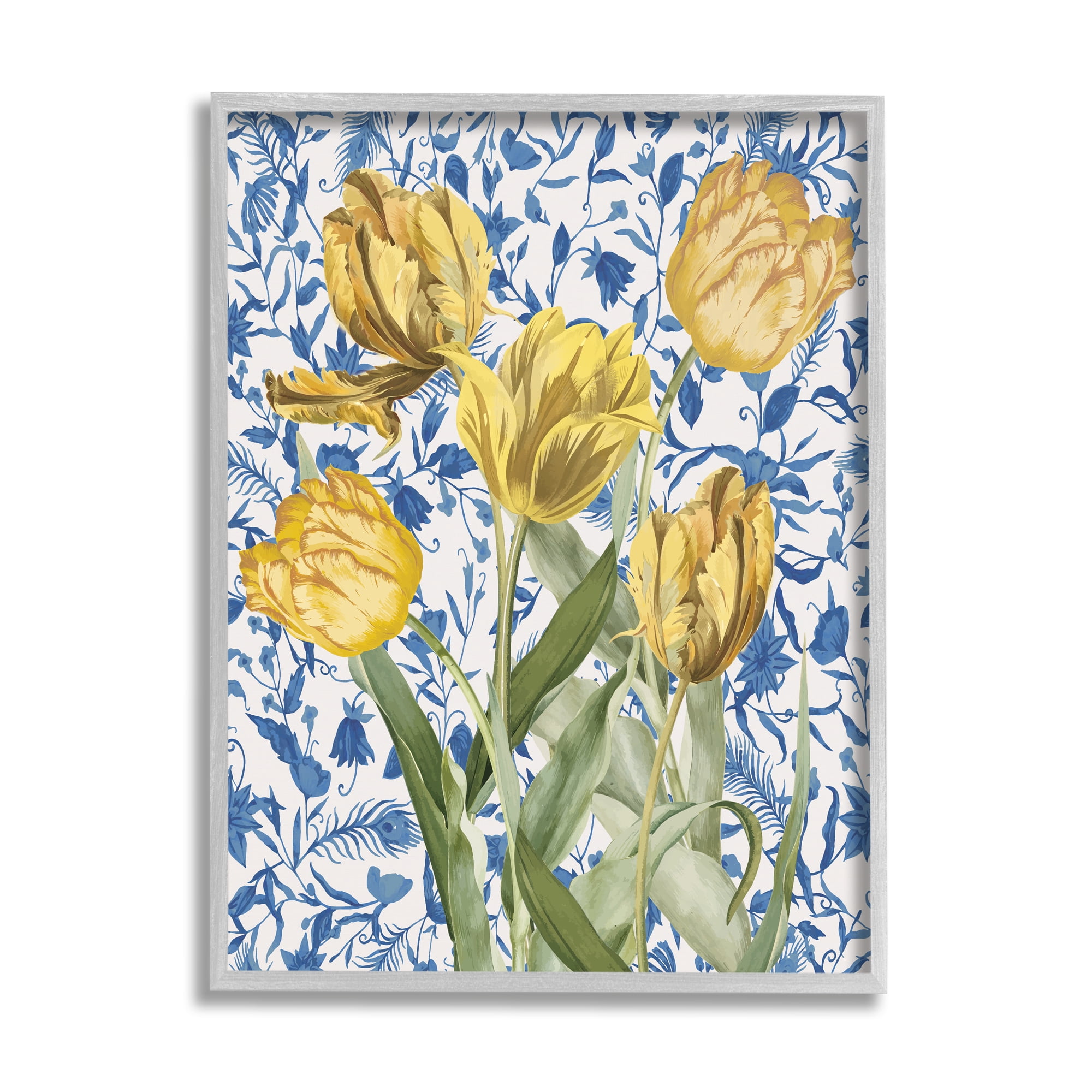 Stupell Industries Tulips on Blue Toile Botanical & Floral Painting Gray Framed Art Print Wall Art, 16 x 20