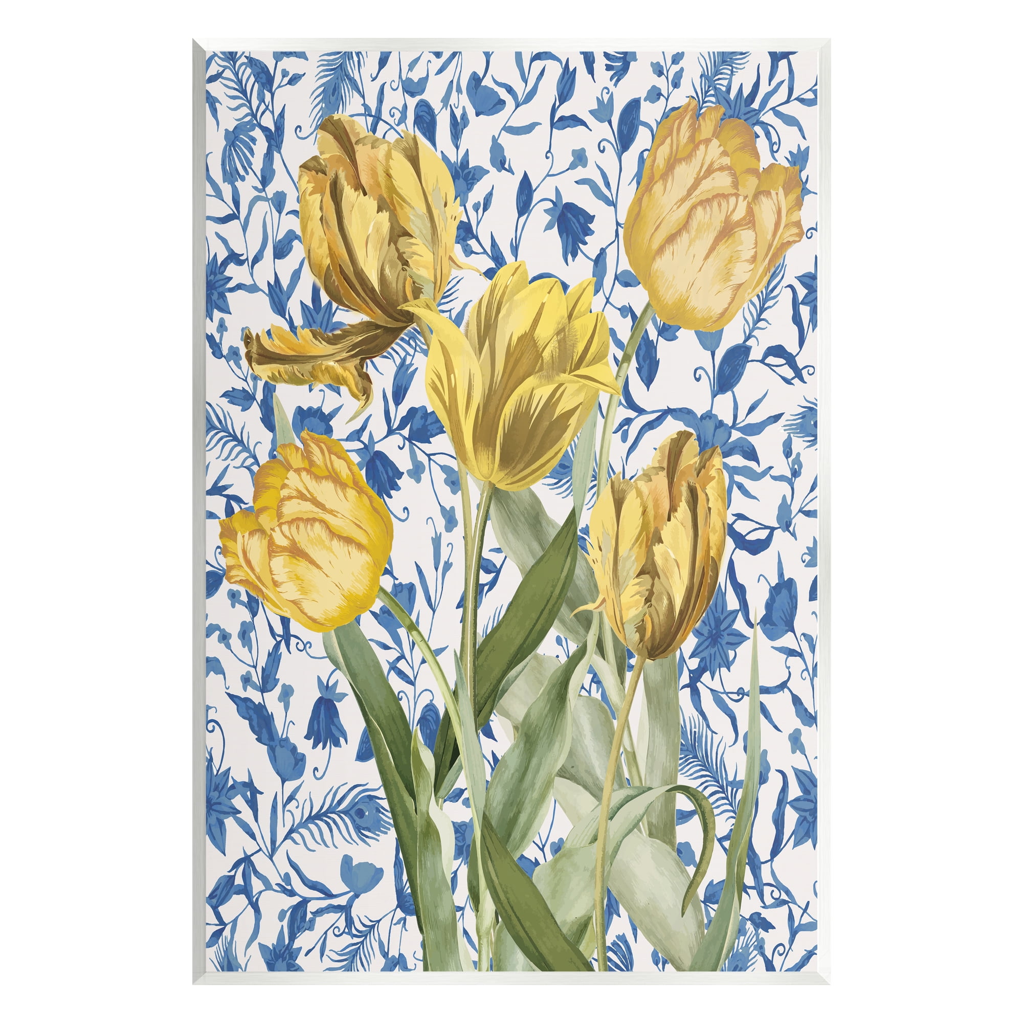 Stupell Industries Tulips on Blue Toile Botanical & Floral Painting Unframed Art Print Wall Art, 10 x 15