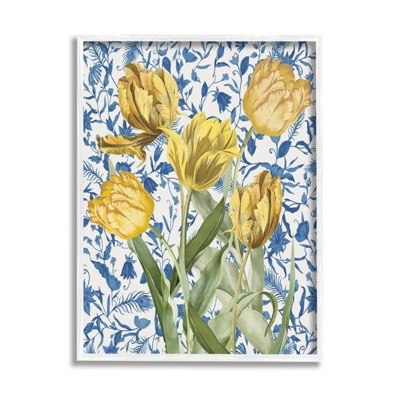 Stupell Industries Tulips on Blue Toile Botanical & Floral Painting White Framed Art Print Wall Art, 11 x 14