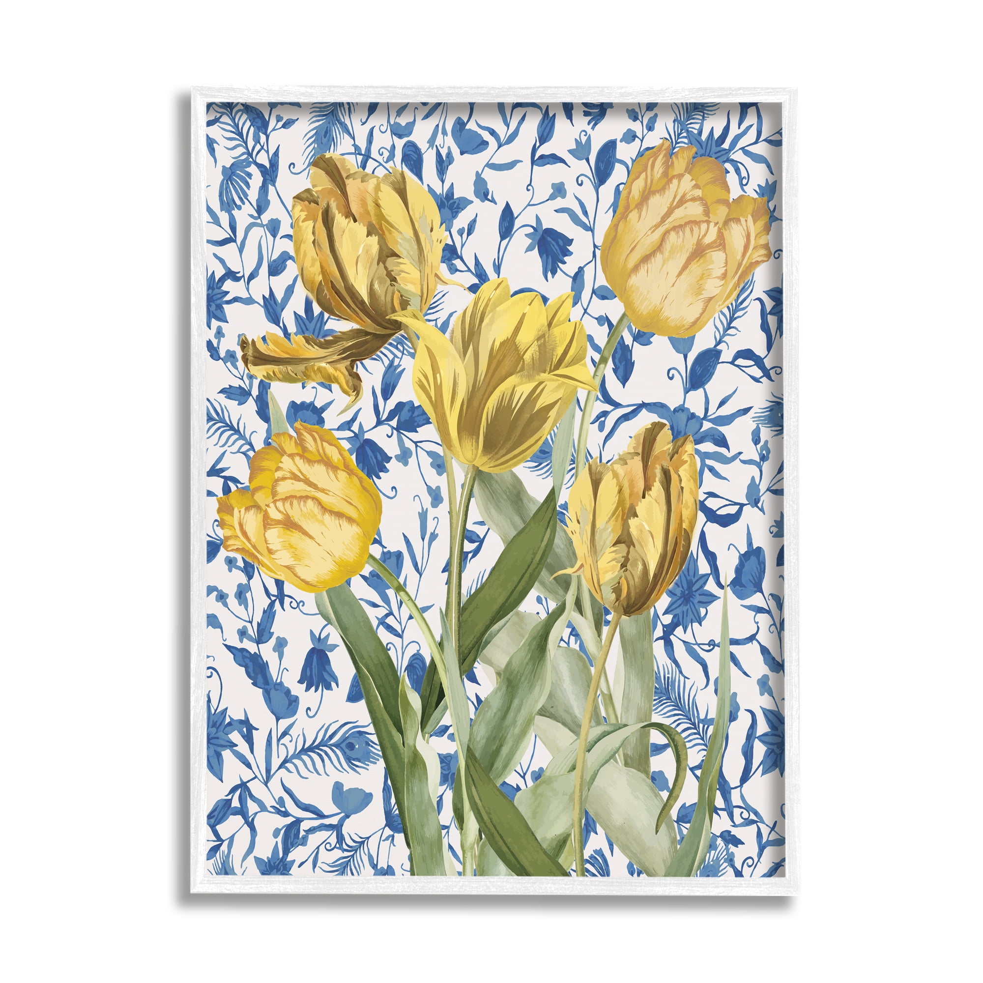 Stupell Industries Tulips on Blue Toile Botanical & Floral Painting White Framed Art Print Wall Art, 24 x 30