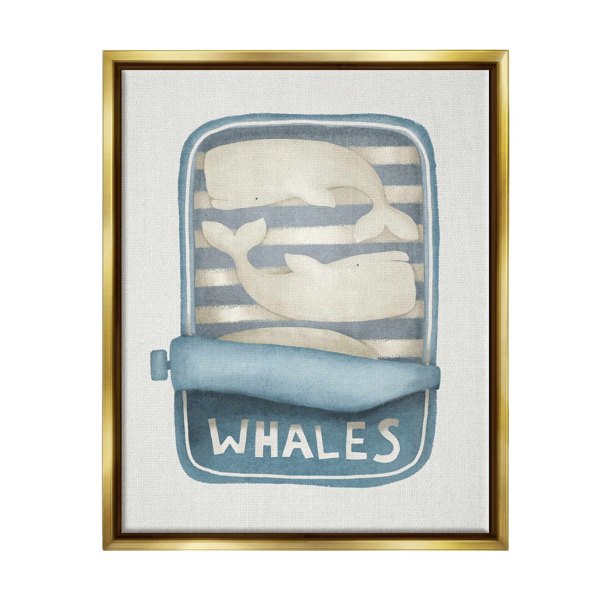 Stupell Industries Tuna Can Design Whimsical Whales Sea Life Illustration Metallic Gold Framed Floating Canvas Wall Art, 16x20, by Leah Straatsma
