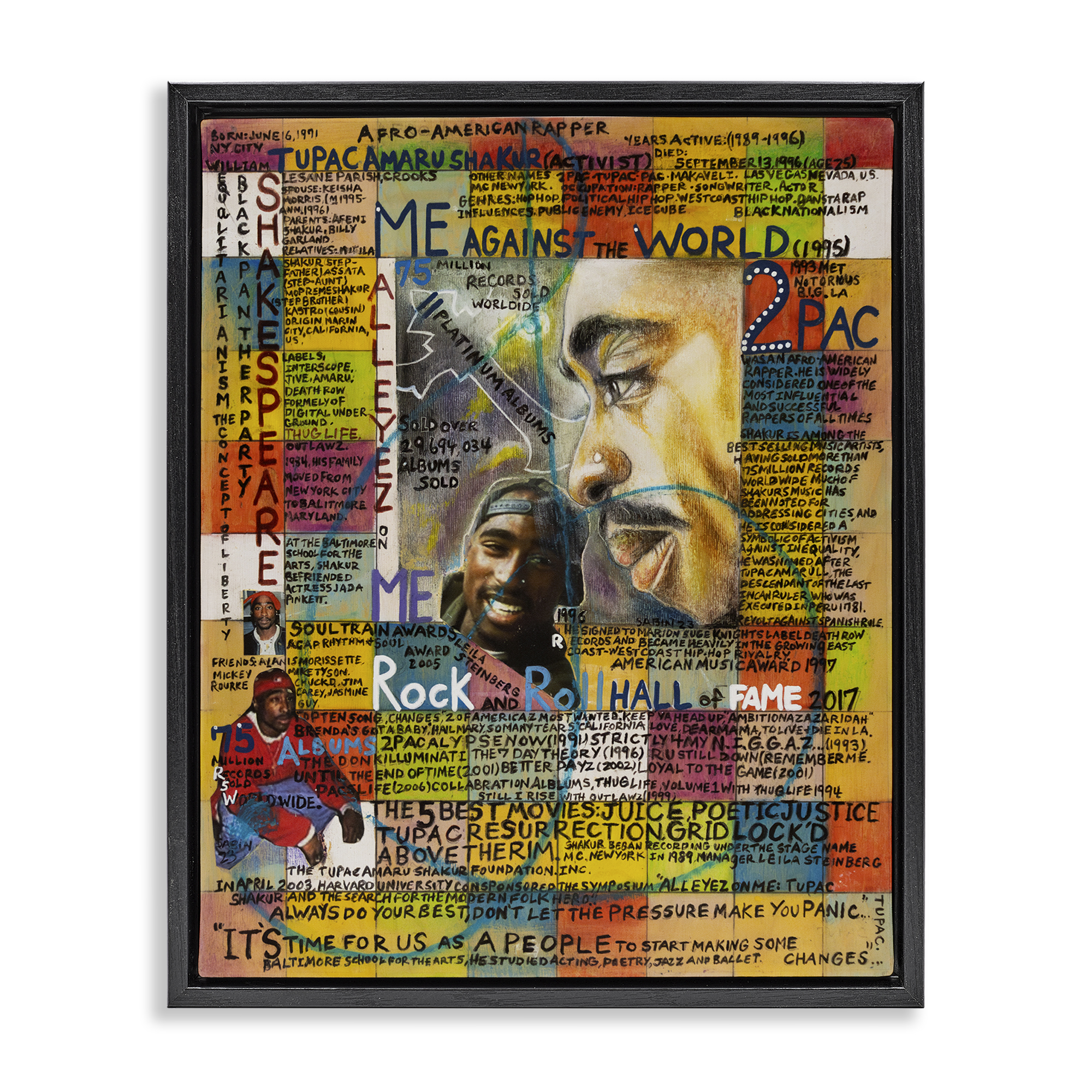 Stupell Industries Tupac Musician Collage People Drawing Black Floater Framed Canvas Art Print Wall Art, 25 x 31