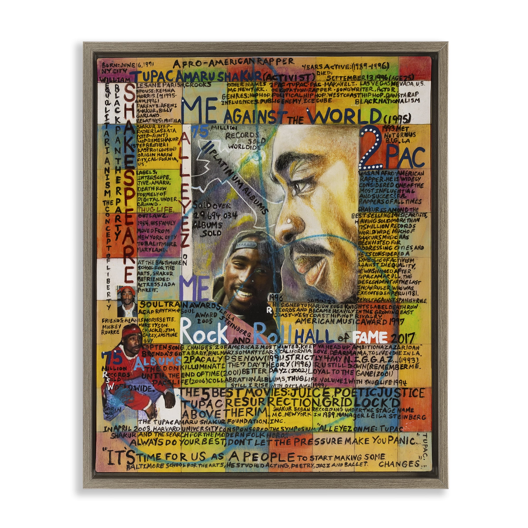 Stupell Industries Tupac Musician Collage People Drawing Brown Floater Framed Canvas Art Print Wall Art, 17 x 21