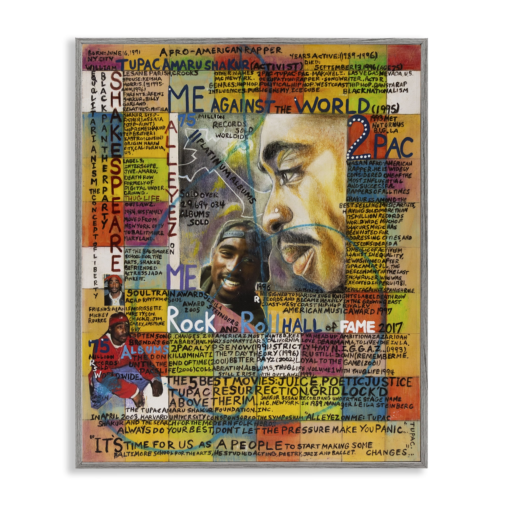 Stupell Industries Tupac Musician Collage People Drawing Gray Framed Art Print Wall Art, 11 x 14