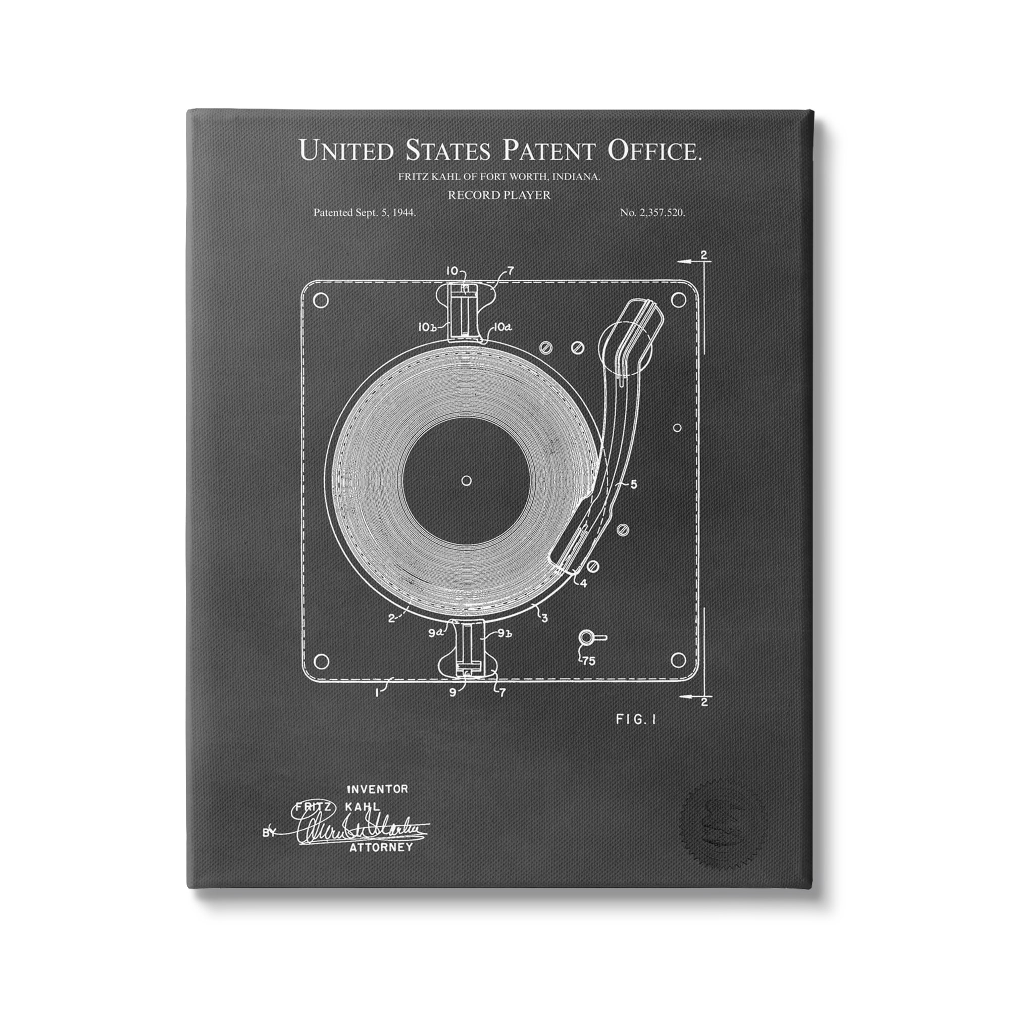 Stupell Industries Turntable Record Player Diagram Blueprint Patent Text Canvas Wall Art, 36 x 48, Design by Karl Hronek