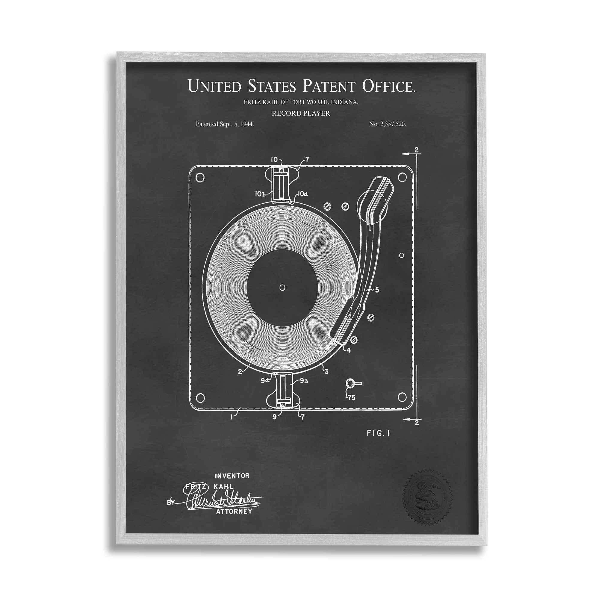 Stupell Industries Turntable Record Player Diagram Blueprint Patent Text Framed Wall Art, 11 x 14, Design by Karl Hronek