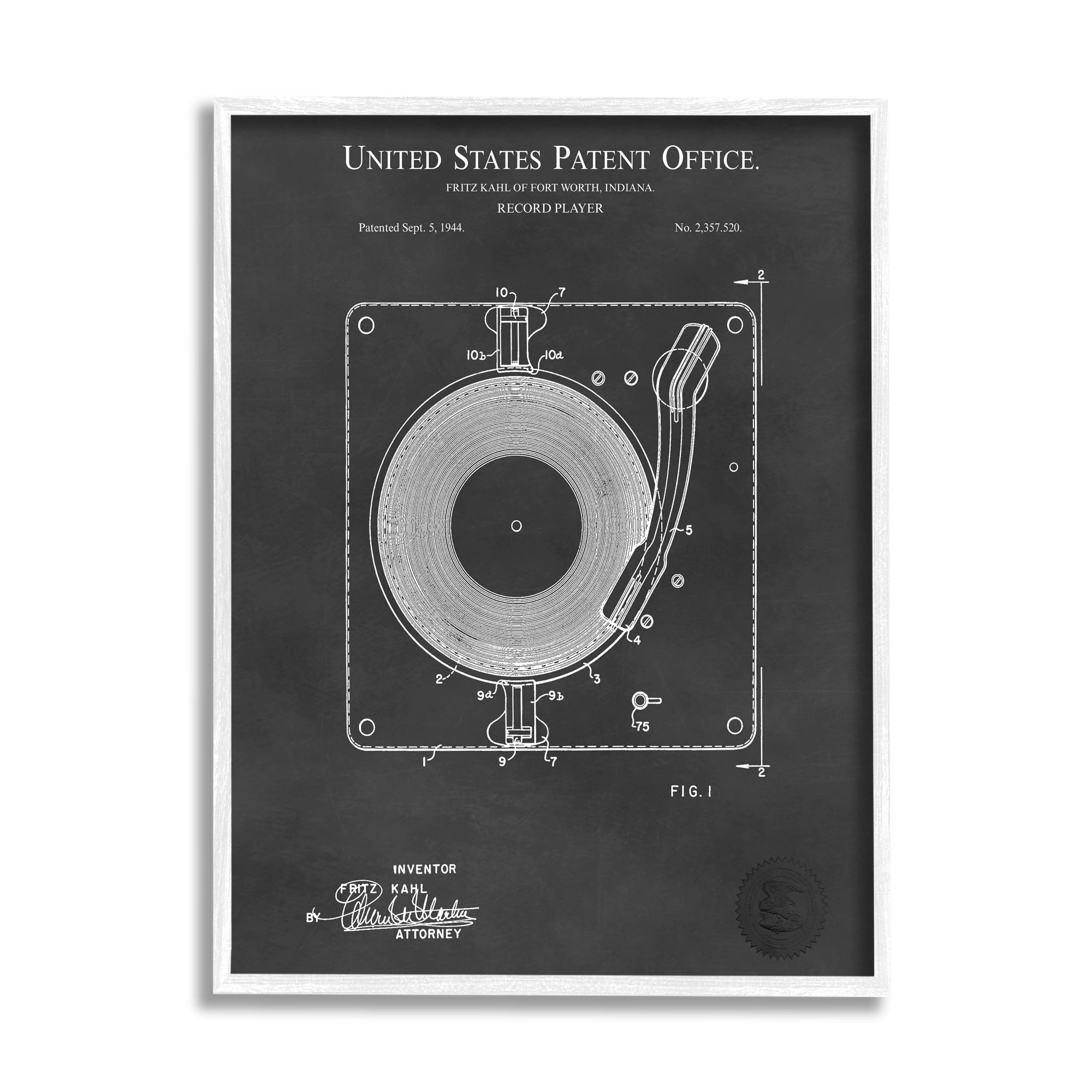 Stupell Industries Turntable Record Player Diagram Blueprint Patent Text Framed Wall Art, 11 x 14, Design by Karl Hronek