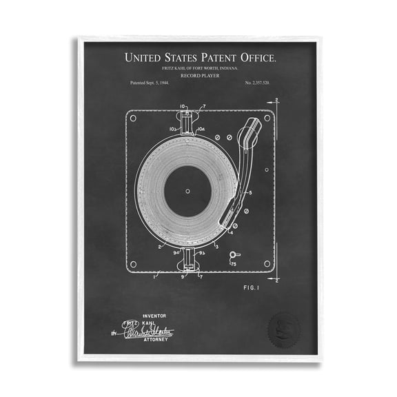 Stupell Industries Turntable Record Player Diagram Blueprint Patent Text Framed Wall Art, 16 x 20, Design by Karl Hronek