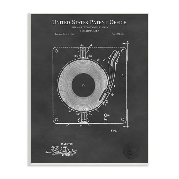 Stupell Industries Turntable Record Player Diagram Blueprint Patent Text Wood Wall Art, 10 x 15, Design by Karl Hronek