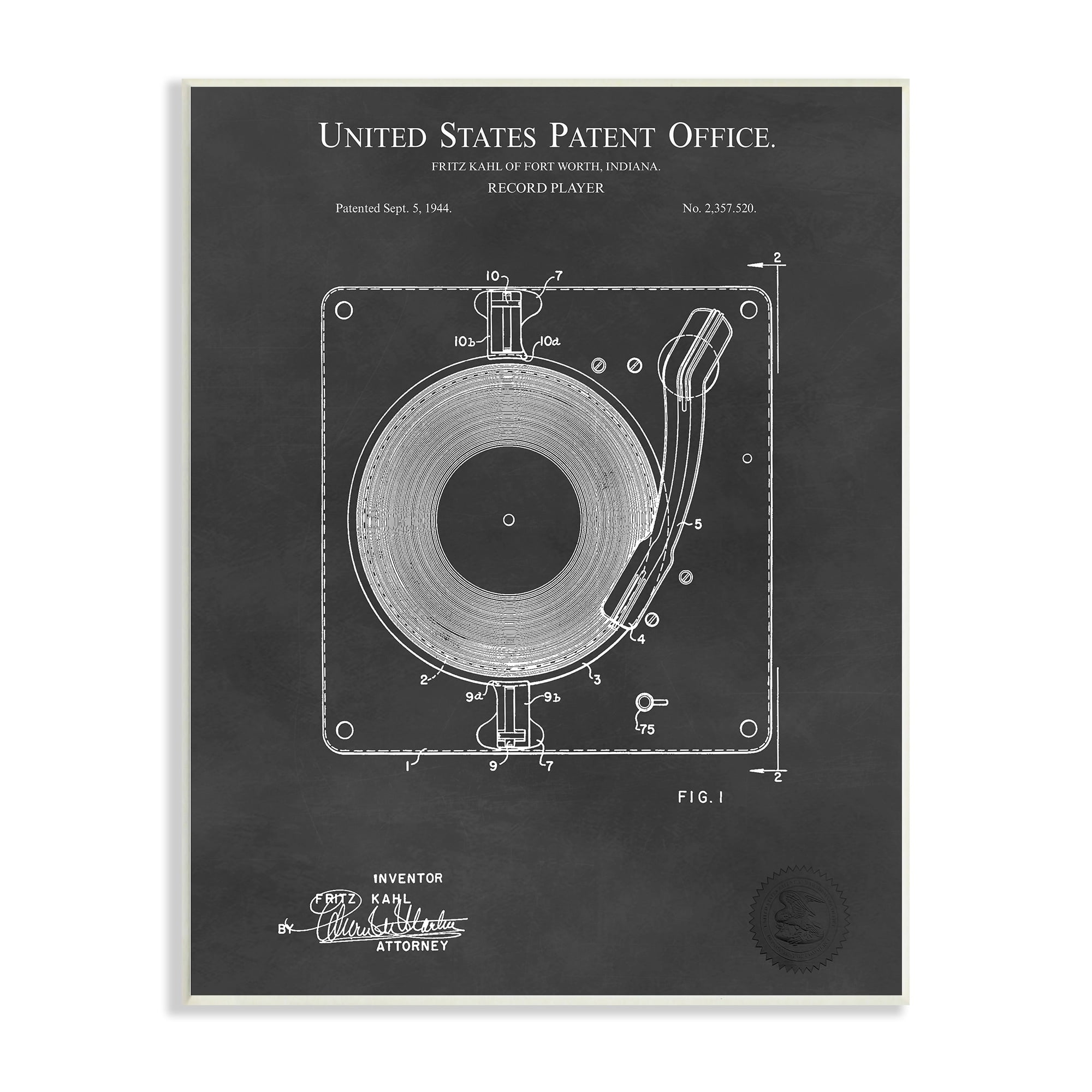 Stupell Industries Turntable Record Player Diagram Blueprint Patent Text Wood Wall Art, 13 x 19, Design by Karl Hronek