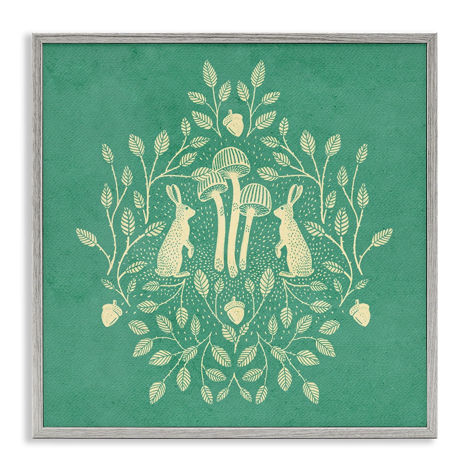 Stupell Industries Turquoise Botanical Rabbits Plants & Flowers Painting Gray Framed Art Print Wall Art, 24 x 24