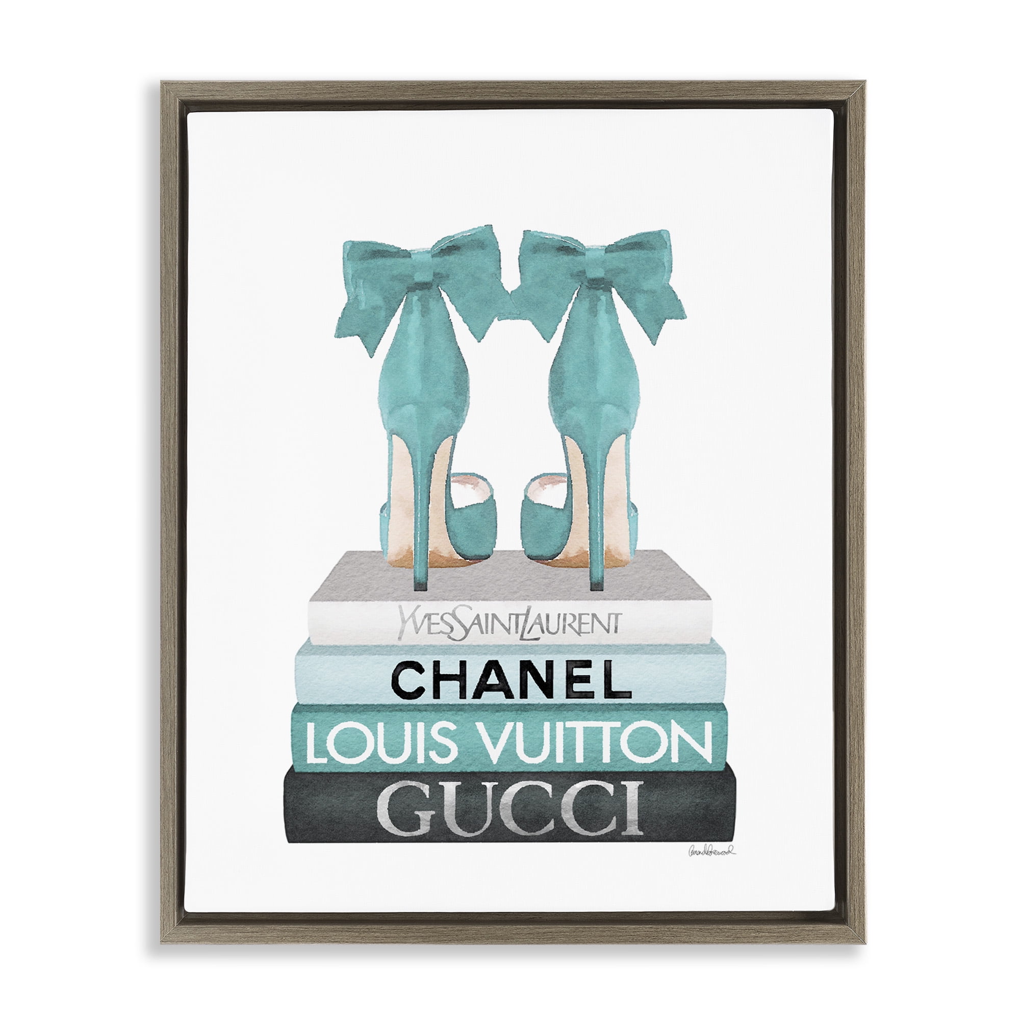 Stupell Industries Turquoise Bow Heels on Books Beauty & Fashion Painting Brown Floater Framed Canvas Art Print Wall Art, 17 x 21