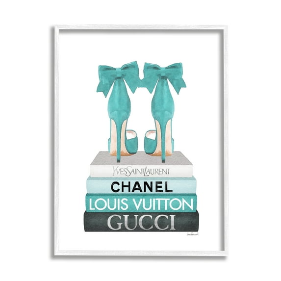 Stupell Industries Turquoise Bow Heels on Books Women's Fashion Graphic Art Framed Art Print Wall Art, 16x20, By Amanda Greenwood