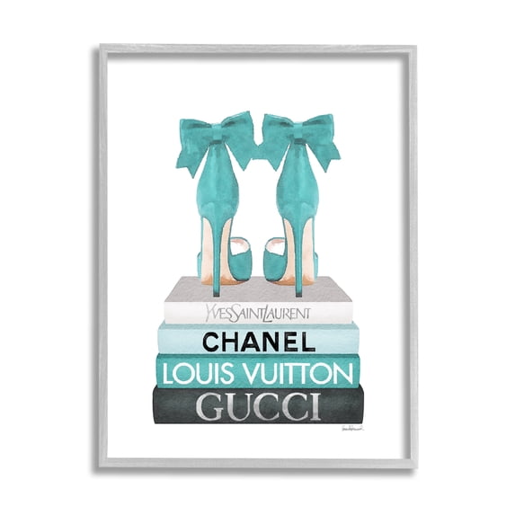 Stupell Industries Turquoise Bow Heels on Books Women's Fashion Graphic Art Framed Art Print Wall Art, 24x30, By Amanda Greenwood