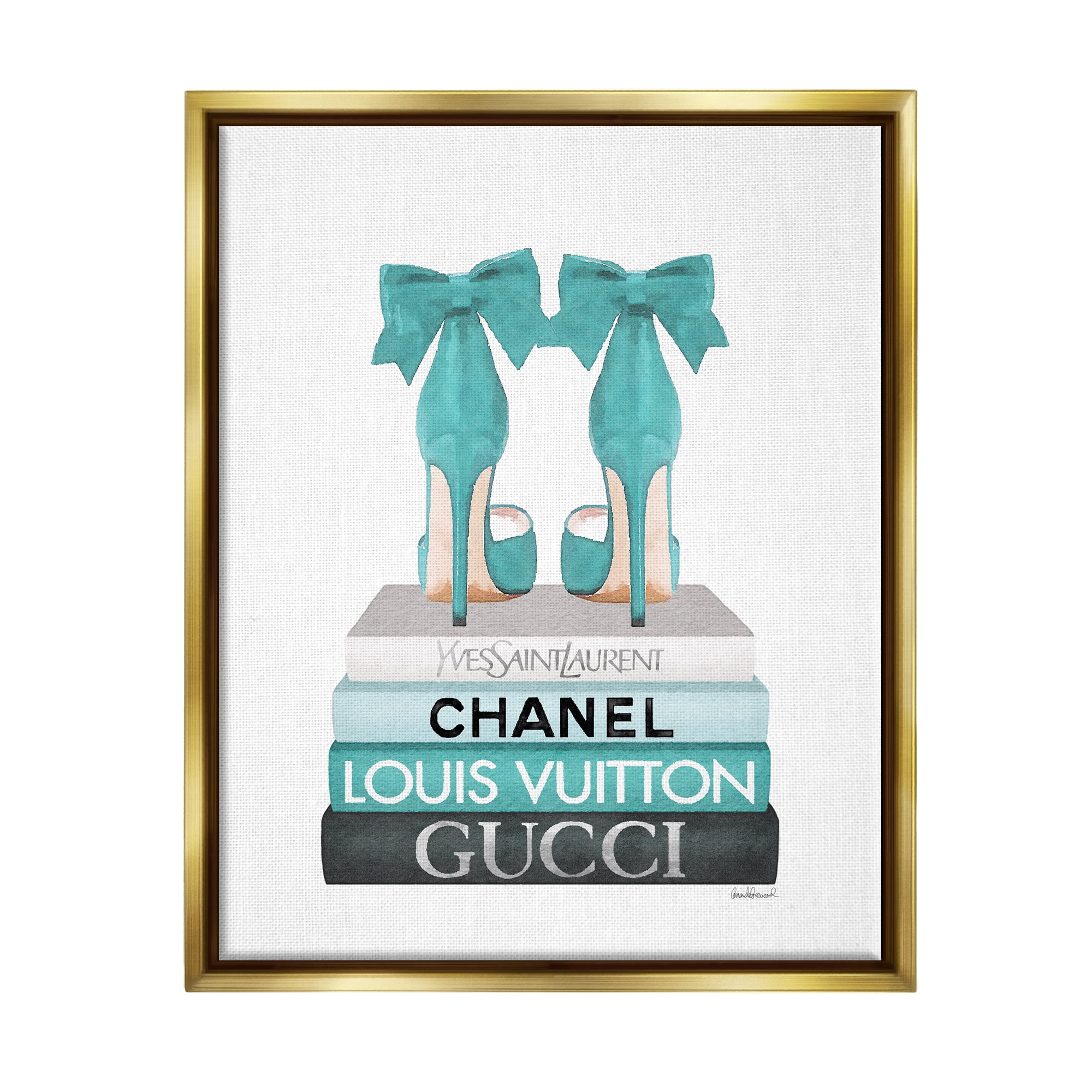 Stupell Industries Turquoise Bow Heels on Books Women's Fashion Metallic Gold Framed Floating Canvas Wall Art, 16x20, by Amanda Greenwood
