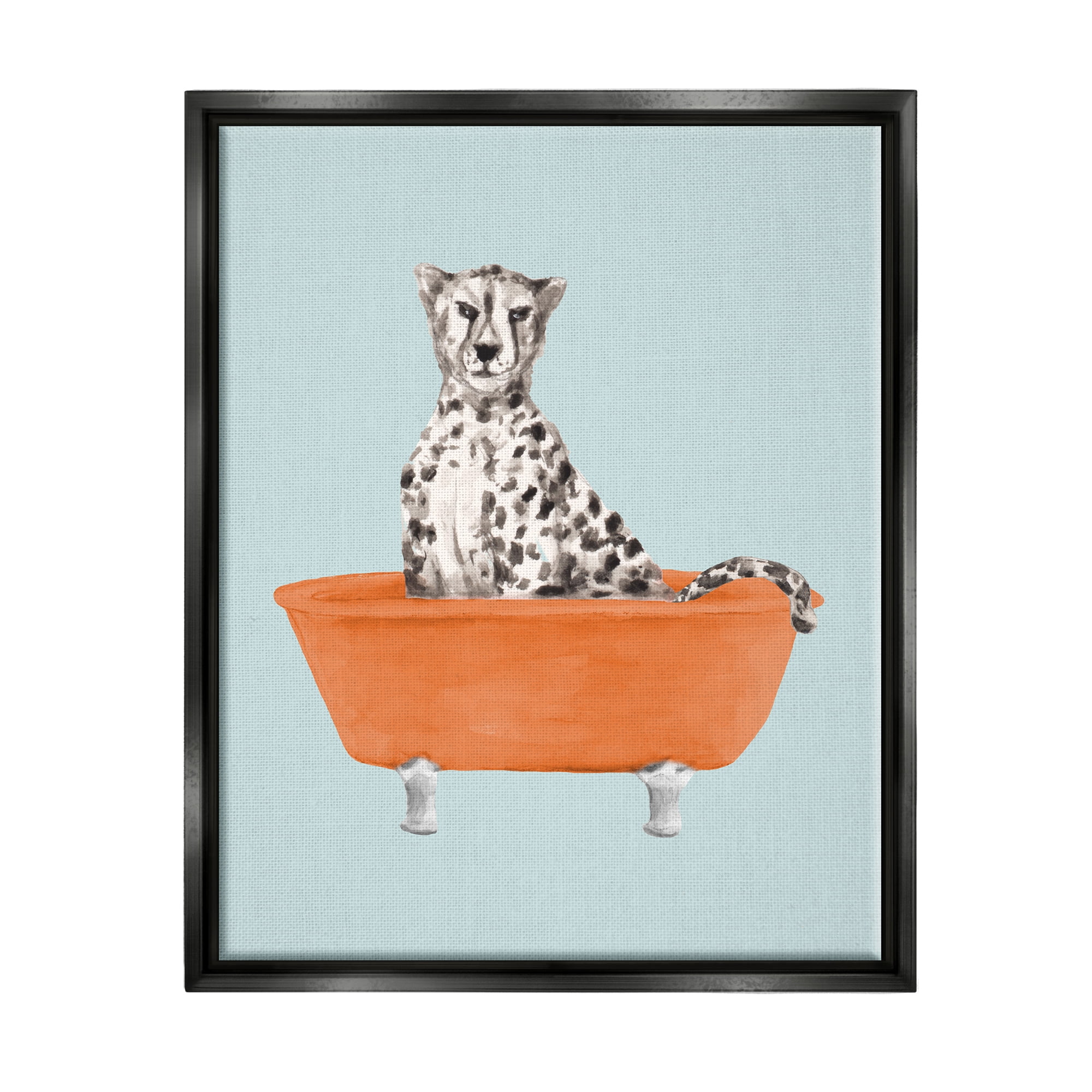 Stupell Industries Turquoise Cheetah in Tub Animals & Insects Painting Black Floater Framed Art Print Wall Art, 25 x 31