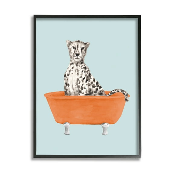 Stupell Industries Turquoise Cheetah in Tub Animals & Insects Painting Black Framed Art Print Wall Art, 11 x 14