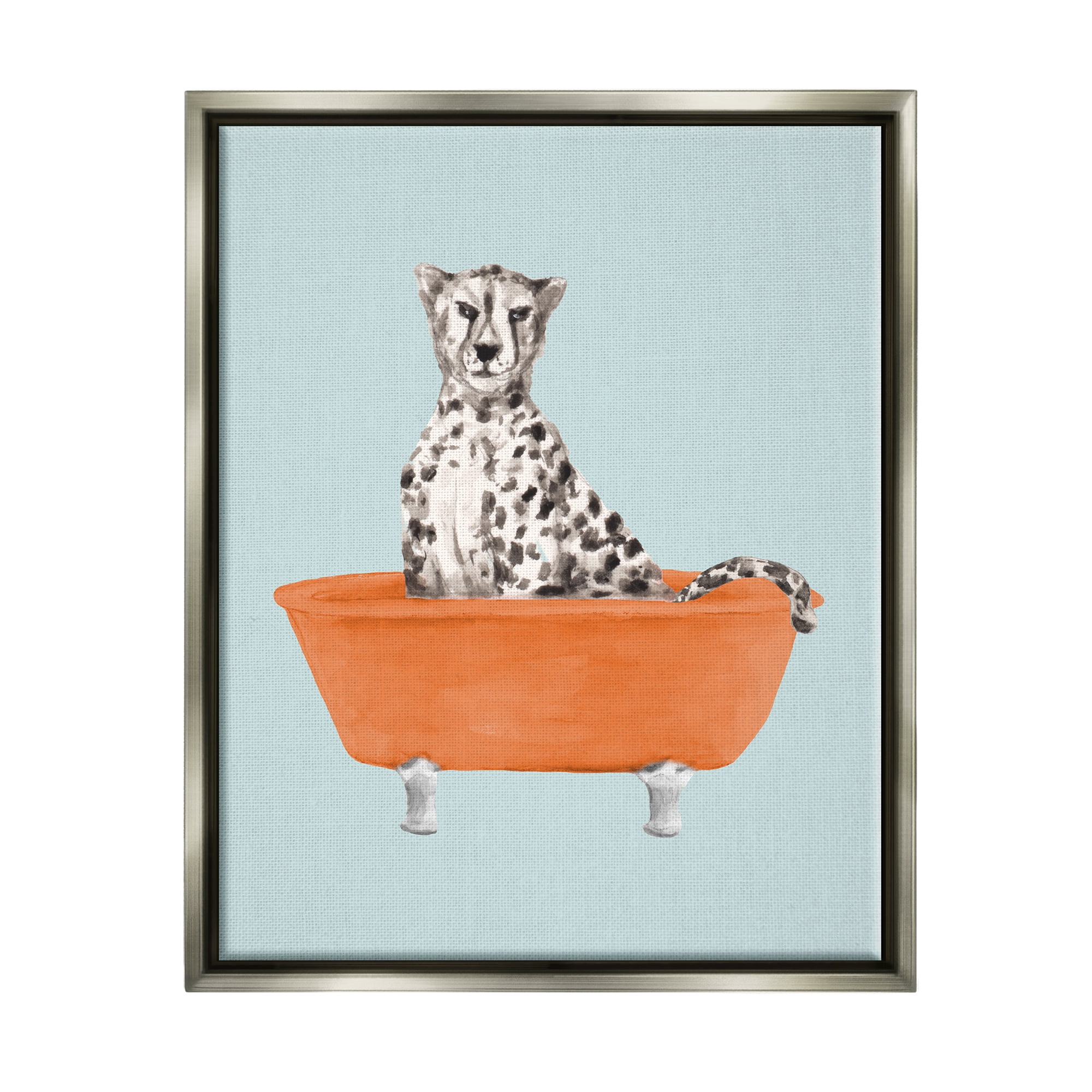 Stupell Industries Turquoise Cheetah in Tub Animals & Insects Painting Gray Floater Framed Art Print Wall Art, 25 x 31