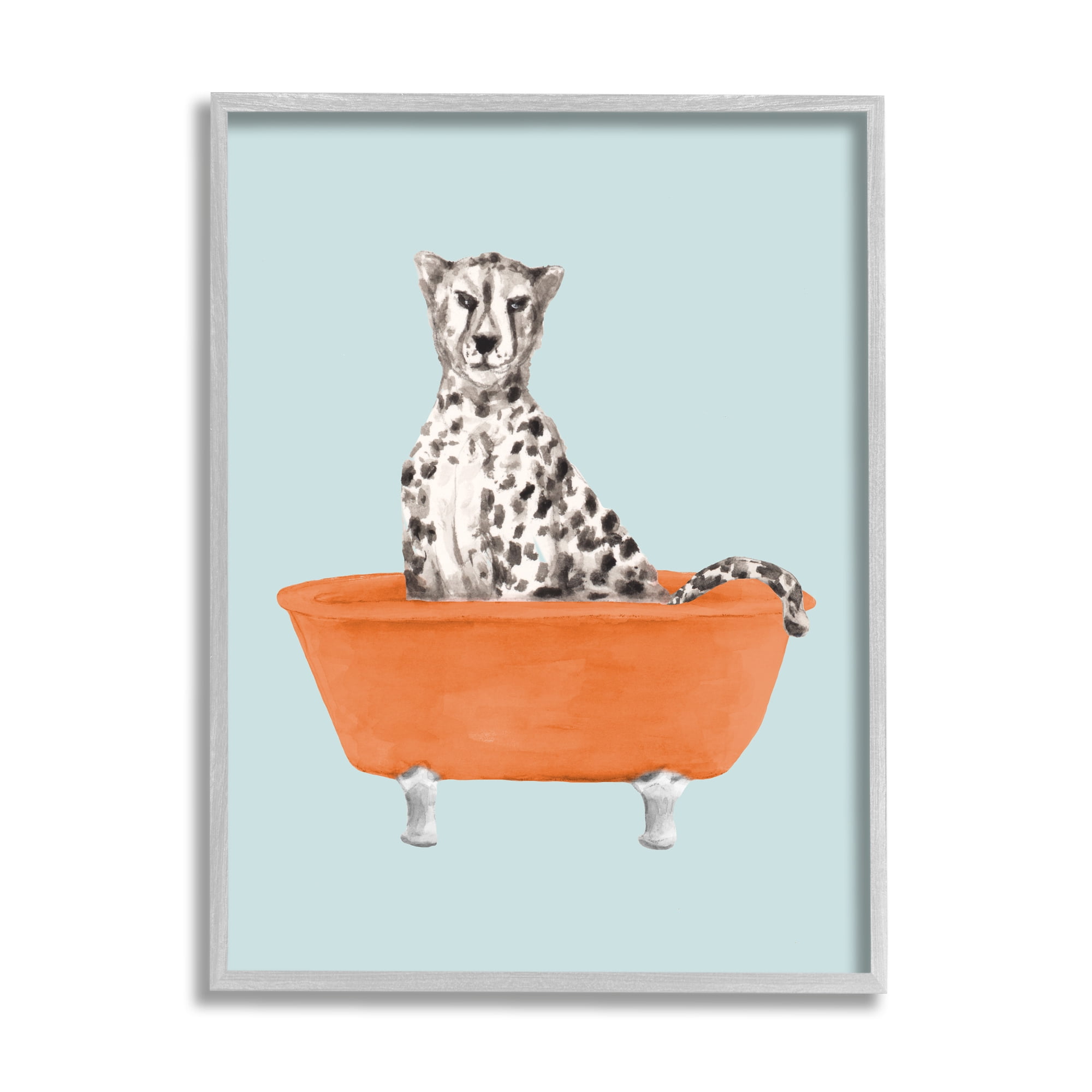 Stupell Industries Turquoise Cheetah in Tub Animals & Insects Painting Gray Framed Art Print Wall Art, 11 x 14