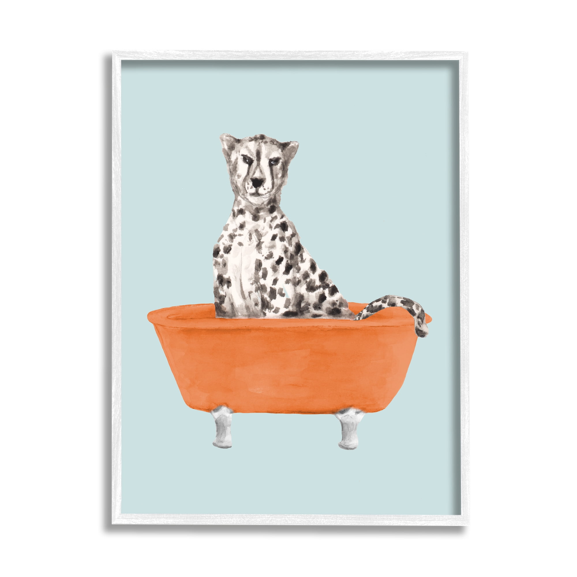 Stupell Industries Turquoise Cheetah in Tub Animals & Insects Painting White Framed Art Print Wall Art, 16 x 20