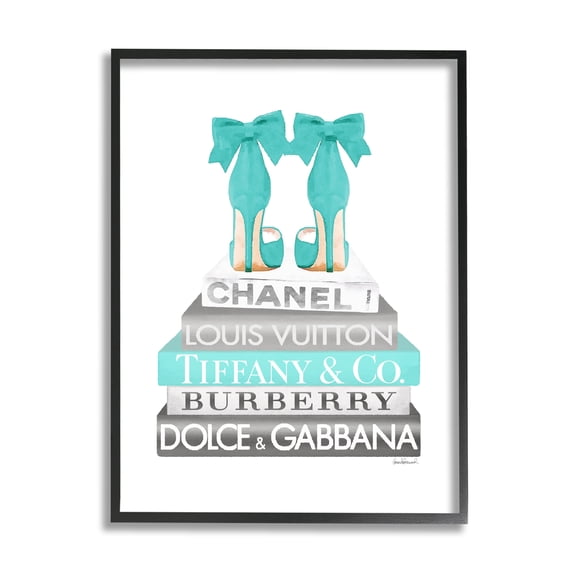 Stupell Industries Turquoise Designer Heels on Modern Glam Bookstack Beauty & Fashion Painting Black Framed Art Print Wall Art, 24 x 30