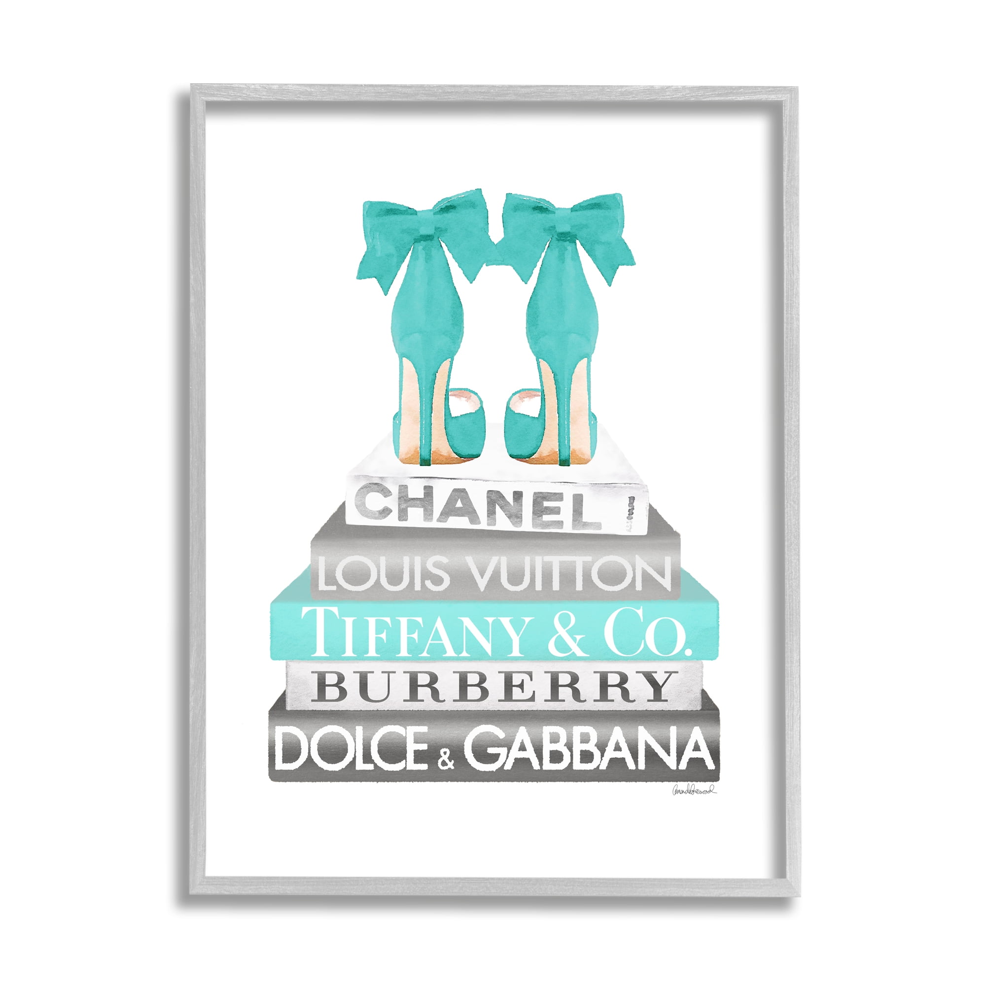 Stupell Industries Turquoise Designer Heels on Modern Glam Bookstack Beauty & Fashion Painting Gray Framed Art Print Wall Art, 16 x 20
