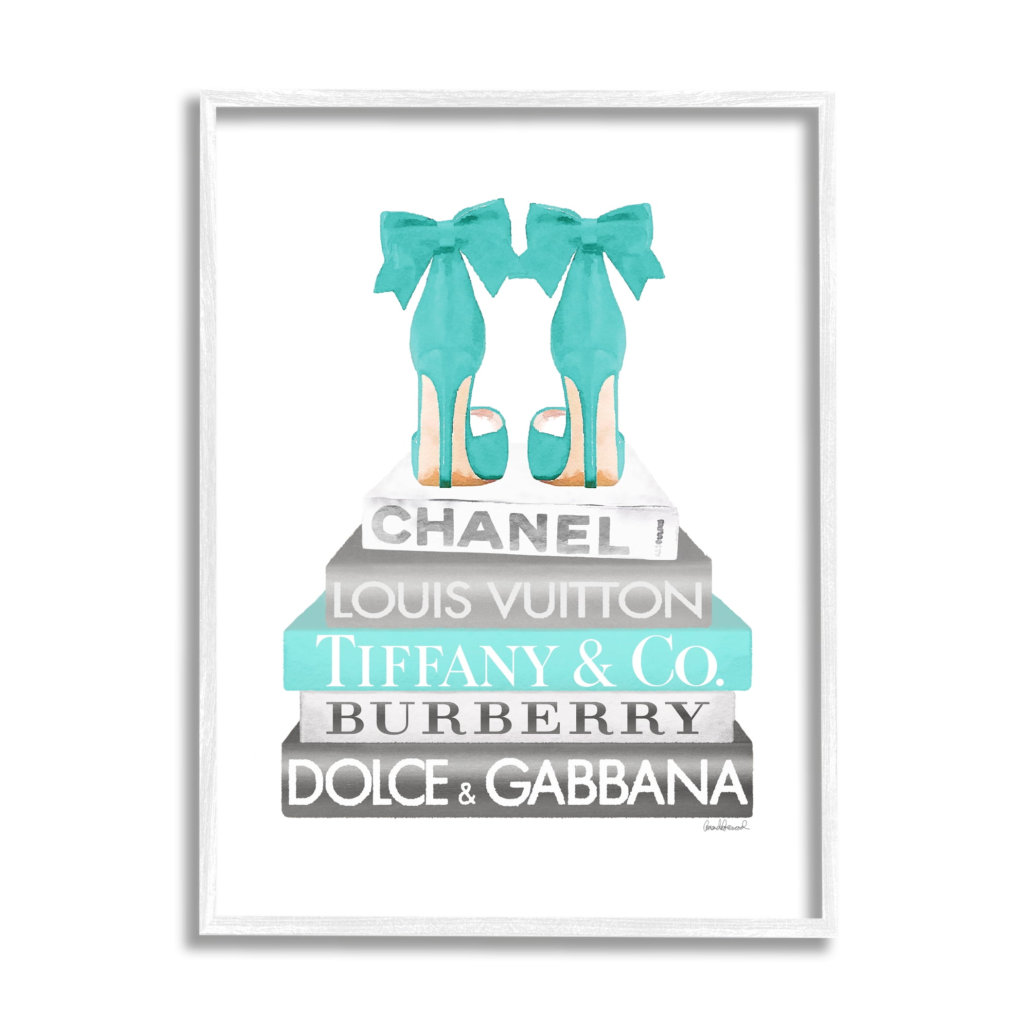 Stupell Industries Turquoise Designer Heels on Modern Glam Bookstack Beauty & Fashion Painting White Framed Art Print Wall Art, 16 x 20