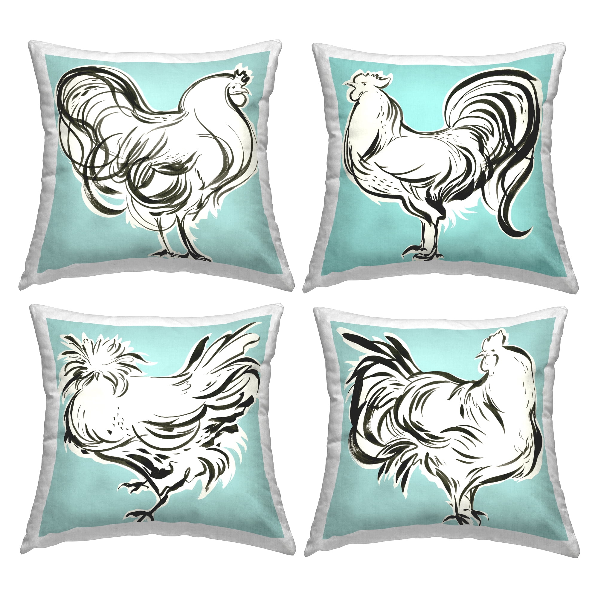 Stupell Industries Turquoise Doodle Hens Square Decorative Printed Throw Pillow, 18 x 18, Set of 4