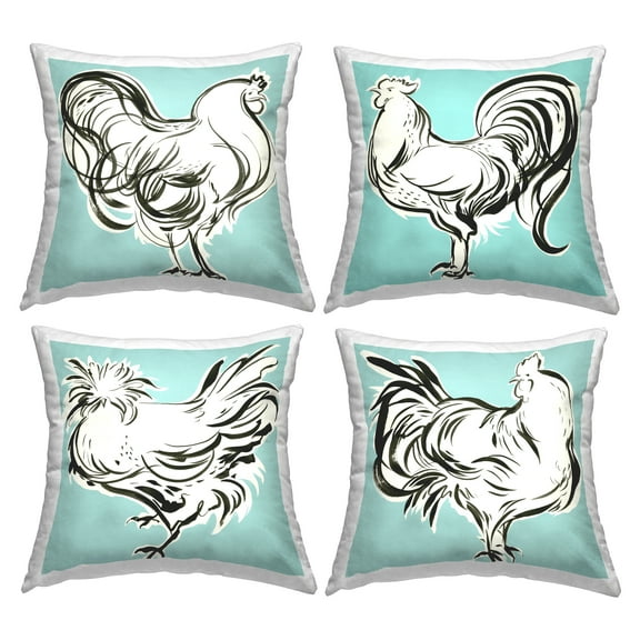 Stupell Industries Turquoise Doodle Hens Square Decorative Printed Throw Pillow, 18 x 18, Set of 4