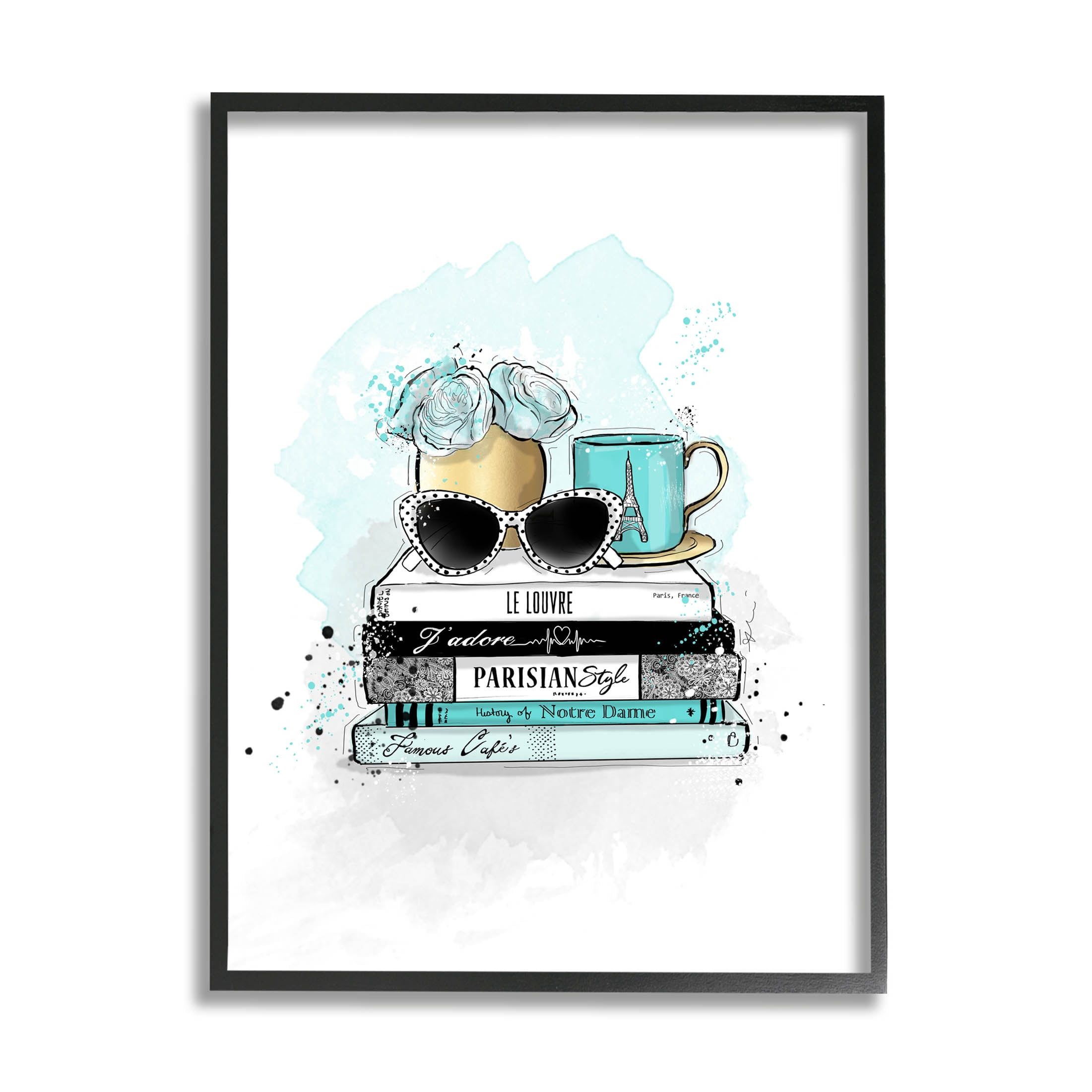 Stupell Industries Turquoise Fashion Book Stack Graphic Art Black Framed Art Print Wall Art, Design by Alison Petrie