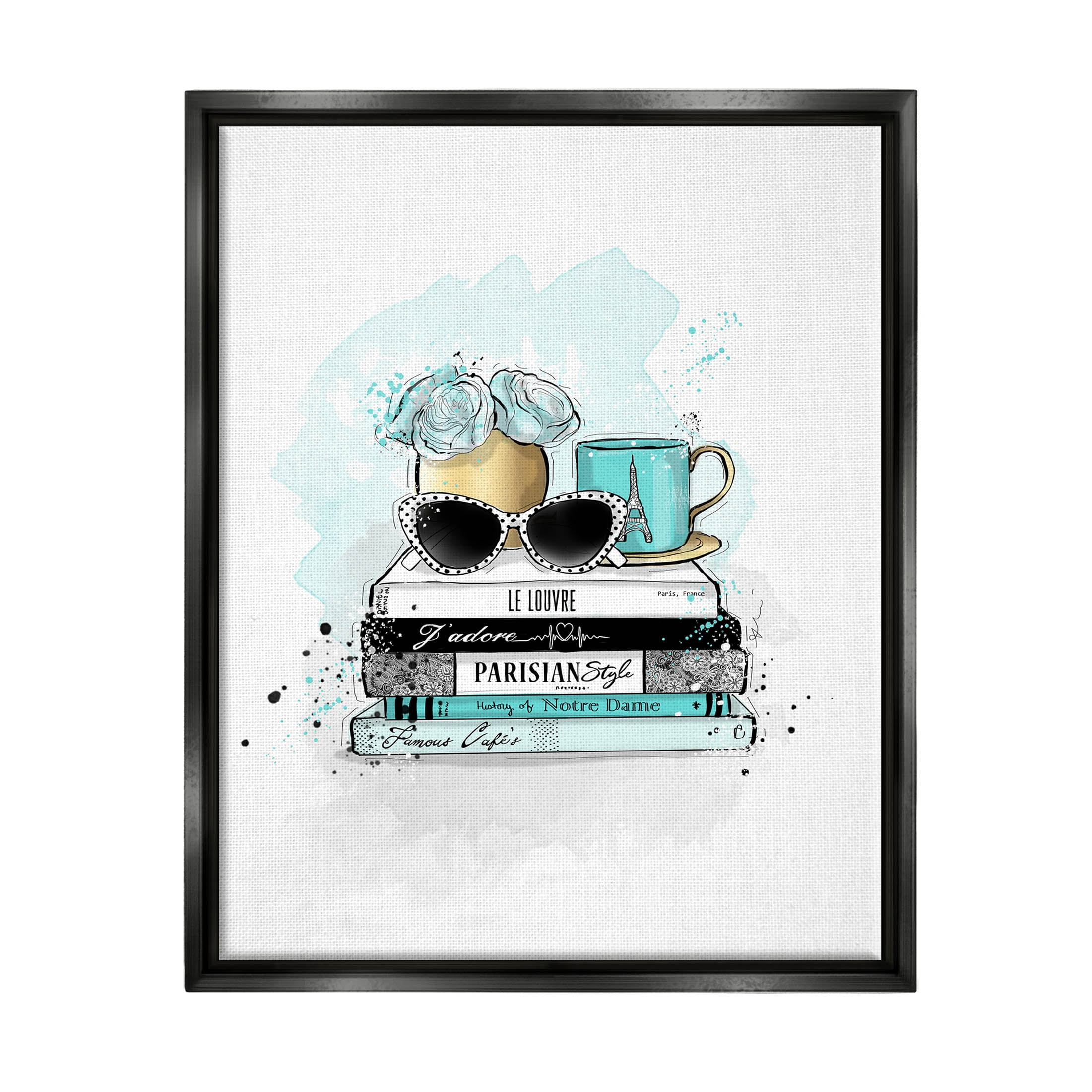 Stupell Industries Turquoise Fashion Book Stack Graphic Art Jet Black Floating Framed Canvas Print Wall Art, Design by Alison Petrie